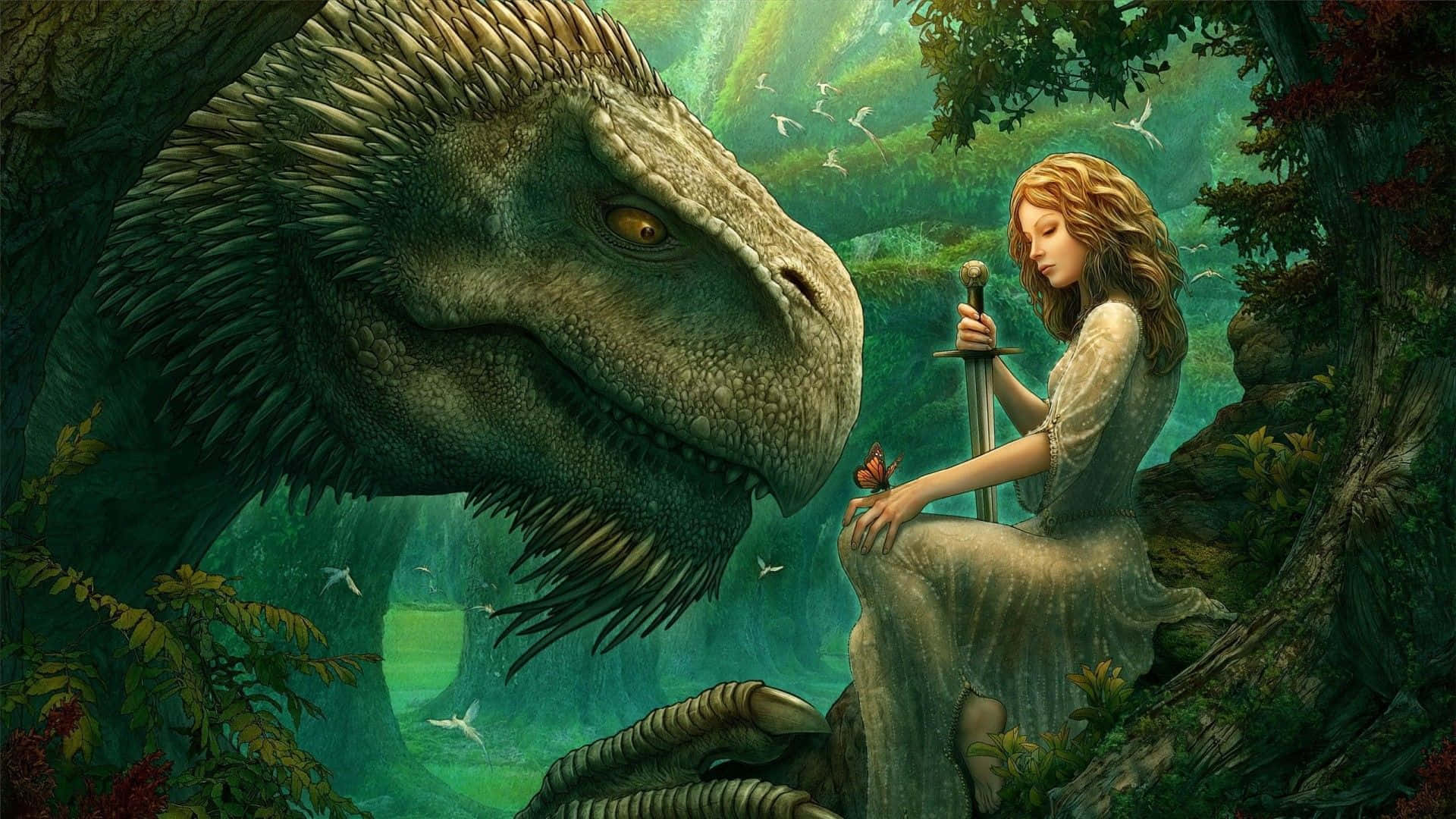 Cool Dinosaur 桌布 壁紙 — 一位身穿飄逸長袍的寧靜女子，在茂密的綠色叢林中，平靜地坐在一隻巨大而溫馴的恐龍旁邊，手持一把劍。