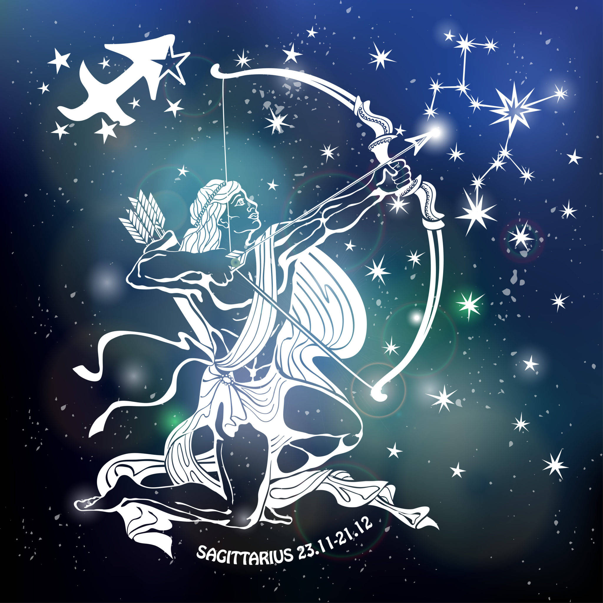 sagittarius 桌布 壁紙 — 一位身穿飄逸長袍的白色線條藝術弓箭手，瞄準星空，夜空中有發光的星座和人馬座日期標籤。