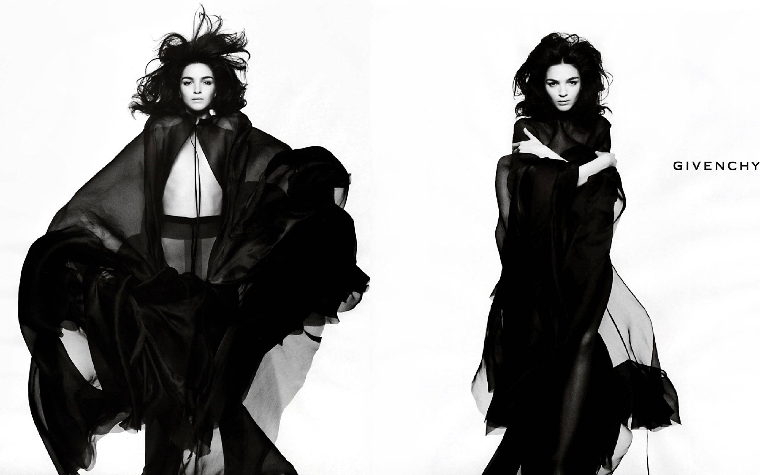 Givenchy 桌布 壁紙 — 一位身穿飄逸黑色布料的女人在純白背景前動態擺姿勢，進行高對比時尚攝影。