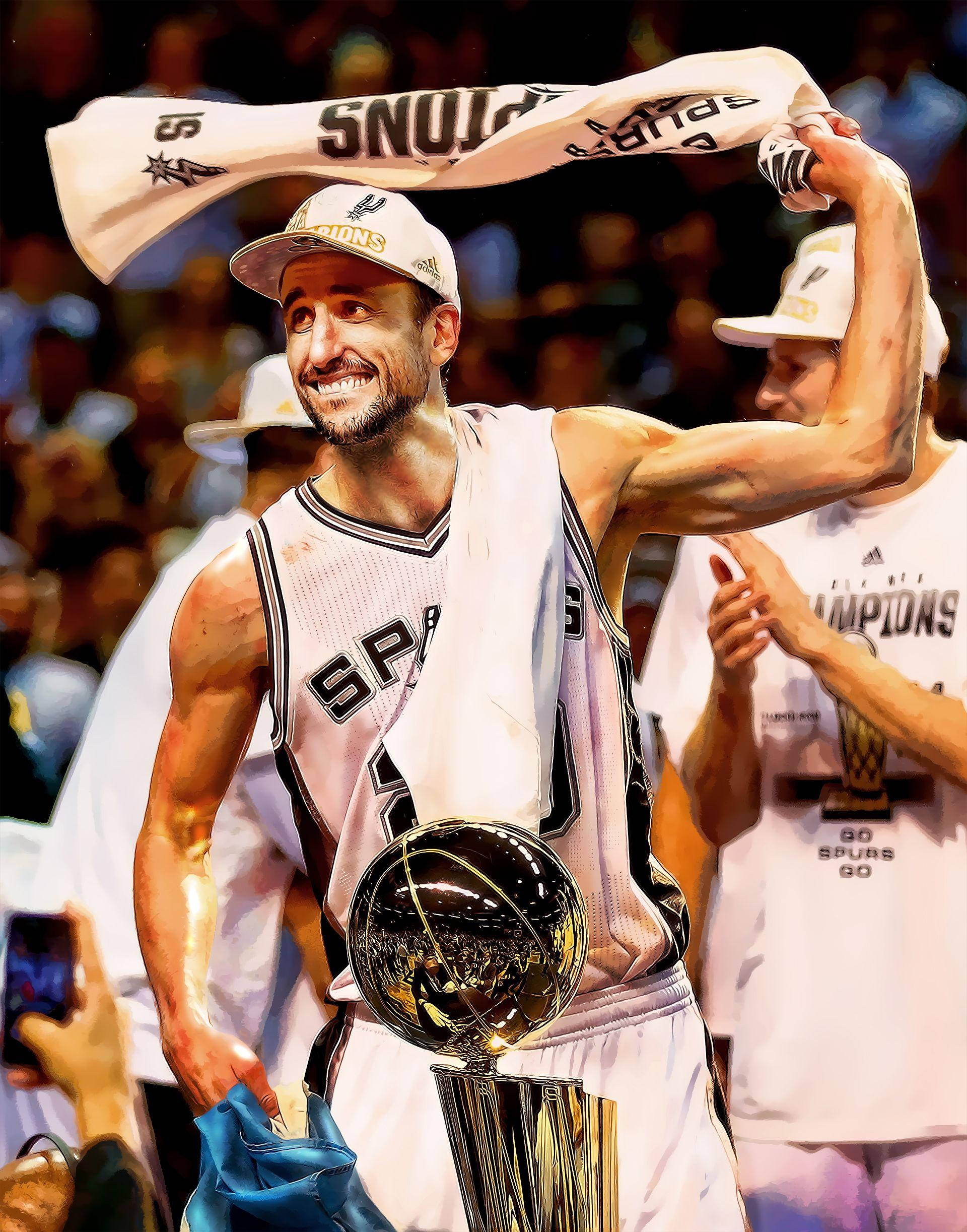 Manu 桌布 壁紙 — 一位身穿馬刺隊球衣的勝利籃球運動員，手持閃閃發光的冠軍獎盃，揮舞著球隊旗幟，身後是歡呼的人群。