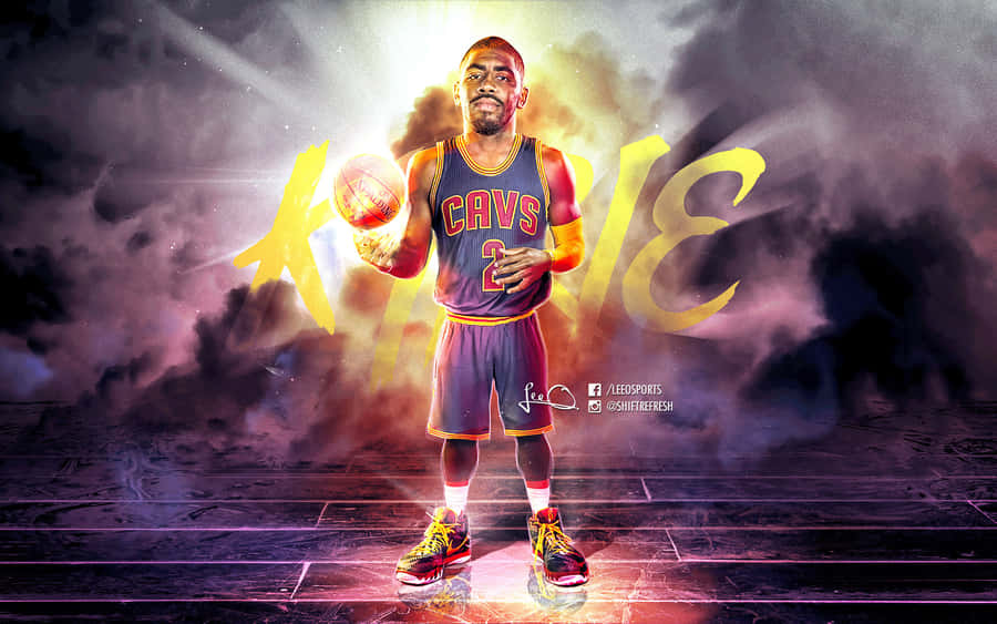 Kyrie Irving Cool 桌布 壁紙 — 一位身穿騎士隊球衣的籃球運動員自信地站立，手持籃球，背景是戲劇性的暴風雨天空，身後有發光的黃色文字。