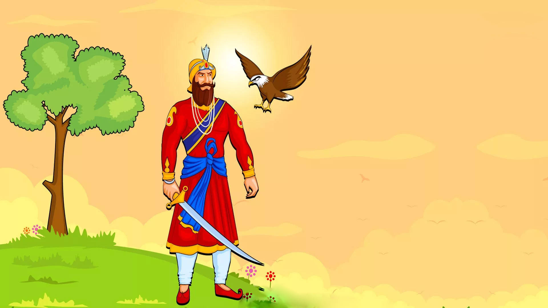Guru Gobind Singh Ji 桌布 壁紙 — 一位身穿鮮紅和藍色服飾的錫克教戰士，在金色天空下，一隻鷹在他身旁翱翔，他手持劍傲然站立。