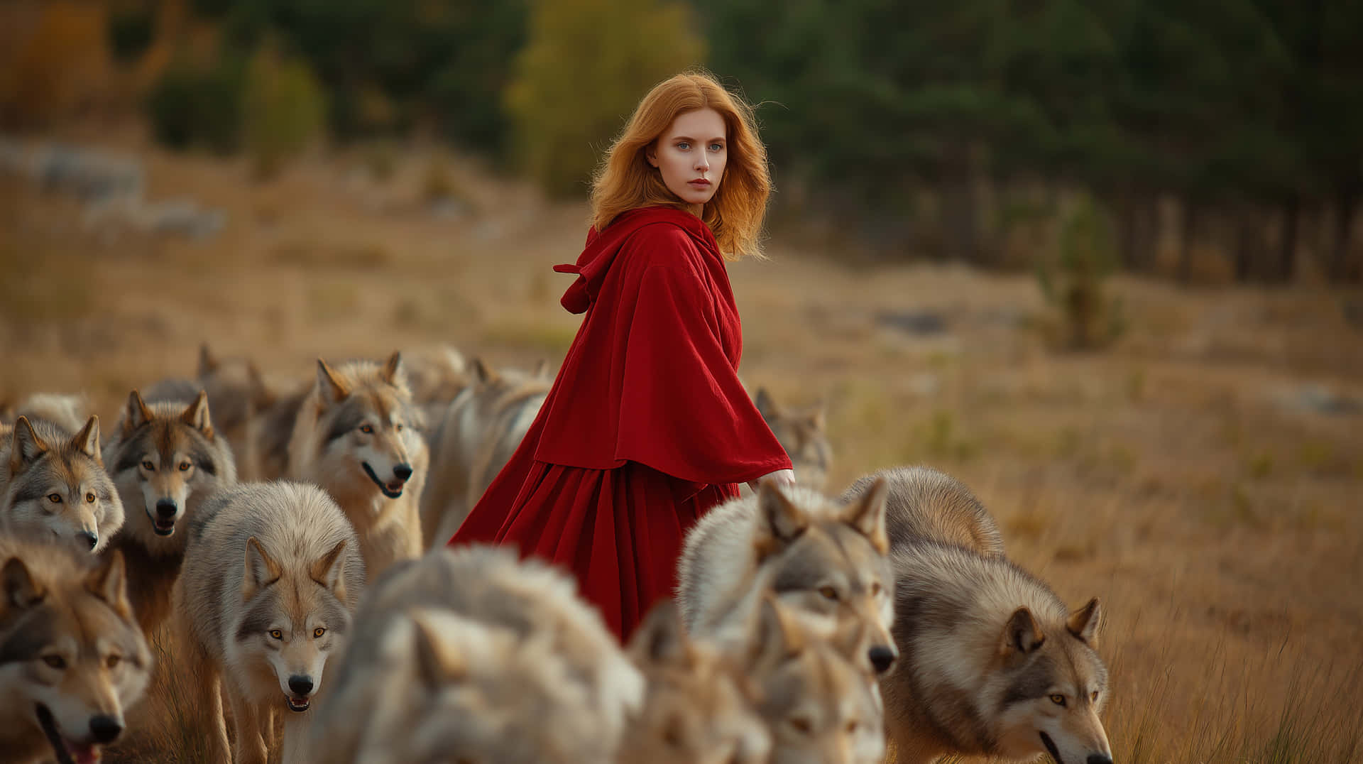 Red-Haired Woman in Red Cloak Amidst Wolves in Autumn Field 壁紙 — 一位身穿鮮紅色斗篷的女子，在金黃色的秋日田野中，平靜地站在一群灰狼之中。