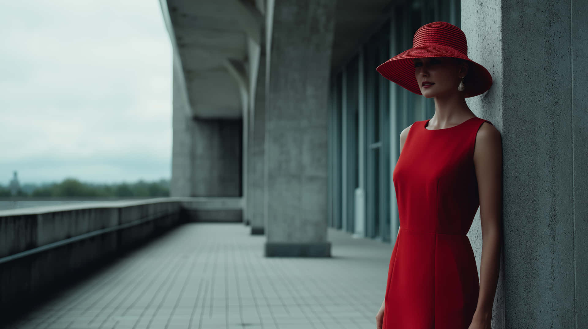 Elegant Woman in Red Dress and Hat on Modern Terrace 壁紙 — 一位身穿鮮紅色連衣裙和相配帽子的女士靠在現代屋頂走道的混凝土柱上。