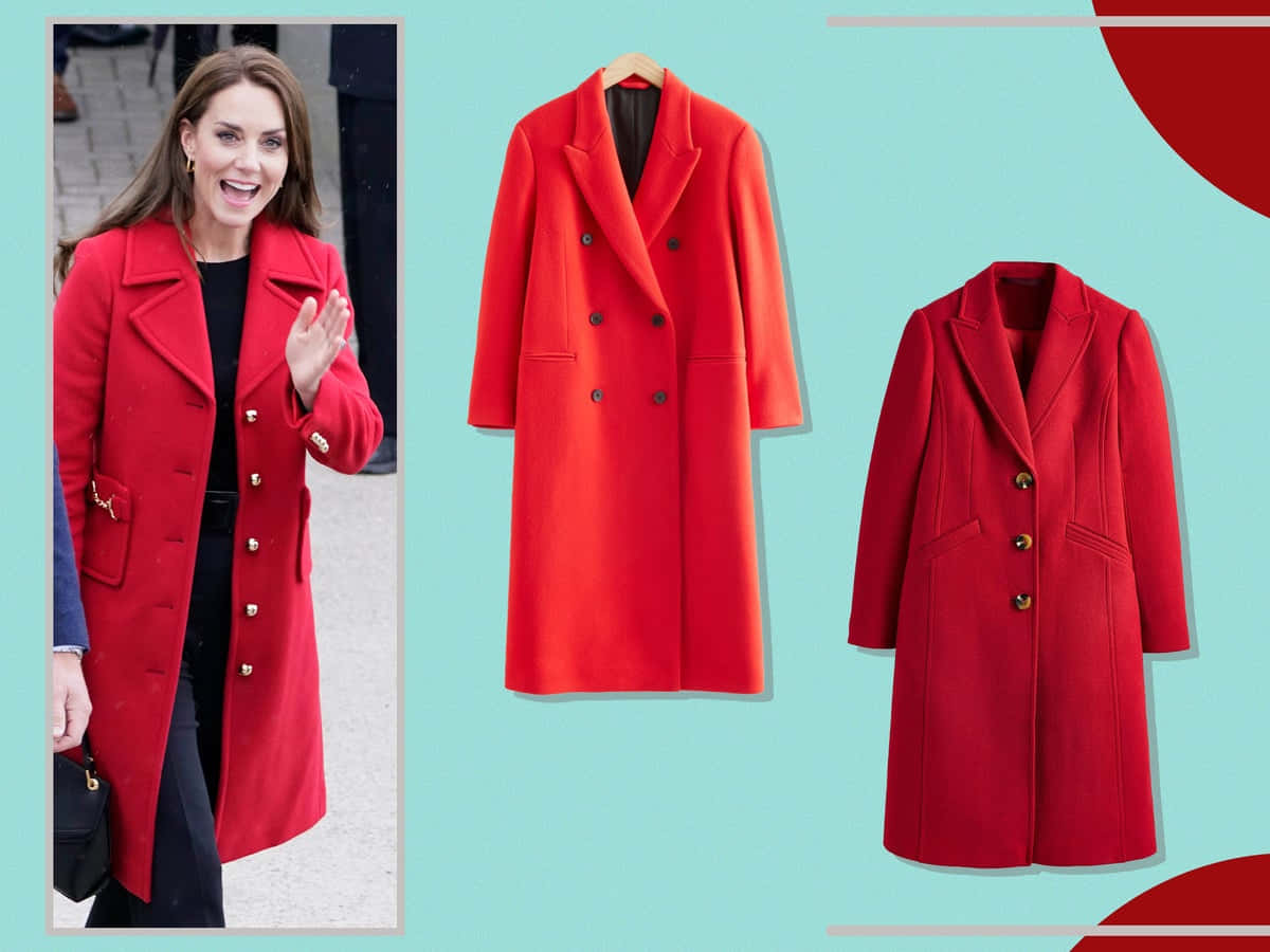 Red Coat 桌布 壁紙 — 一位身穿鮮紅色雙排扣大衣的女性正在揮手，而兩件相同款式的大衣掛在帶有紅色圓形裝飾的藍綠色背景前。