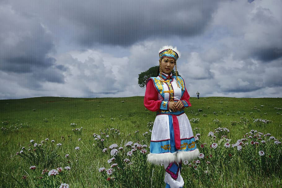 女孩 桌布 壁紙 — 一位身穿鮮豔傳統服飾的女性，在戲劇性的多雲天空下，優雅地站在點綴著野花的茂密綠色草地上。