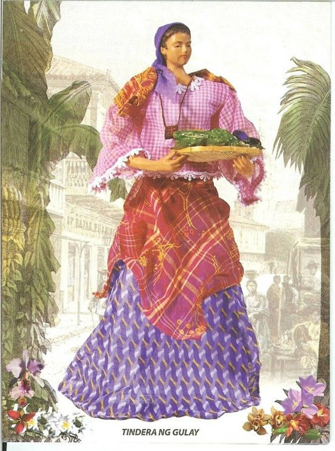 Painting 桌布 壁紙 — 一位身穿鮮豔傳統服飾的女性，在棕櫚樹和鮮花環繞的熱帶街景中，提著一籃綠色蔬菜。