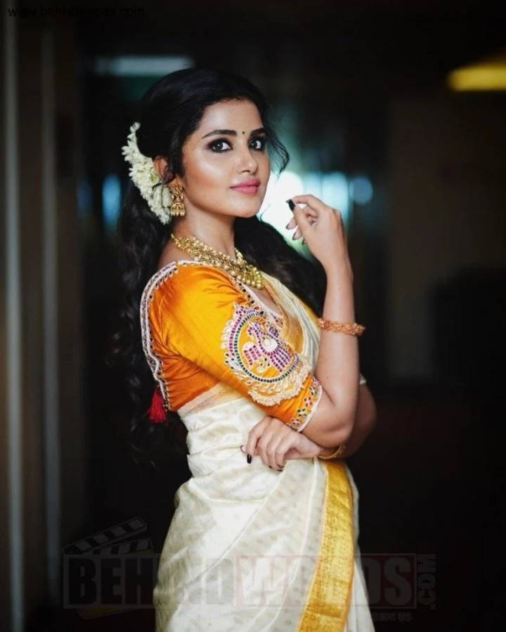anupama parameswaran 桌布 壁紙 — 一位身穿鮮豔橙色和奶油色紗麗、帶有金色刺繡的女性，戴著花卉髮飾，在室內優雅地擺姿勢。