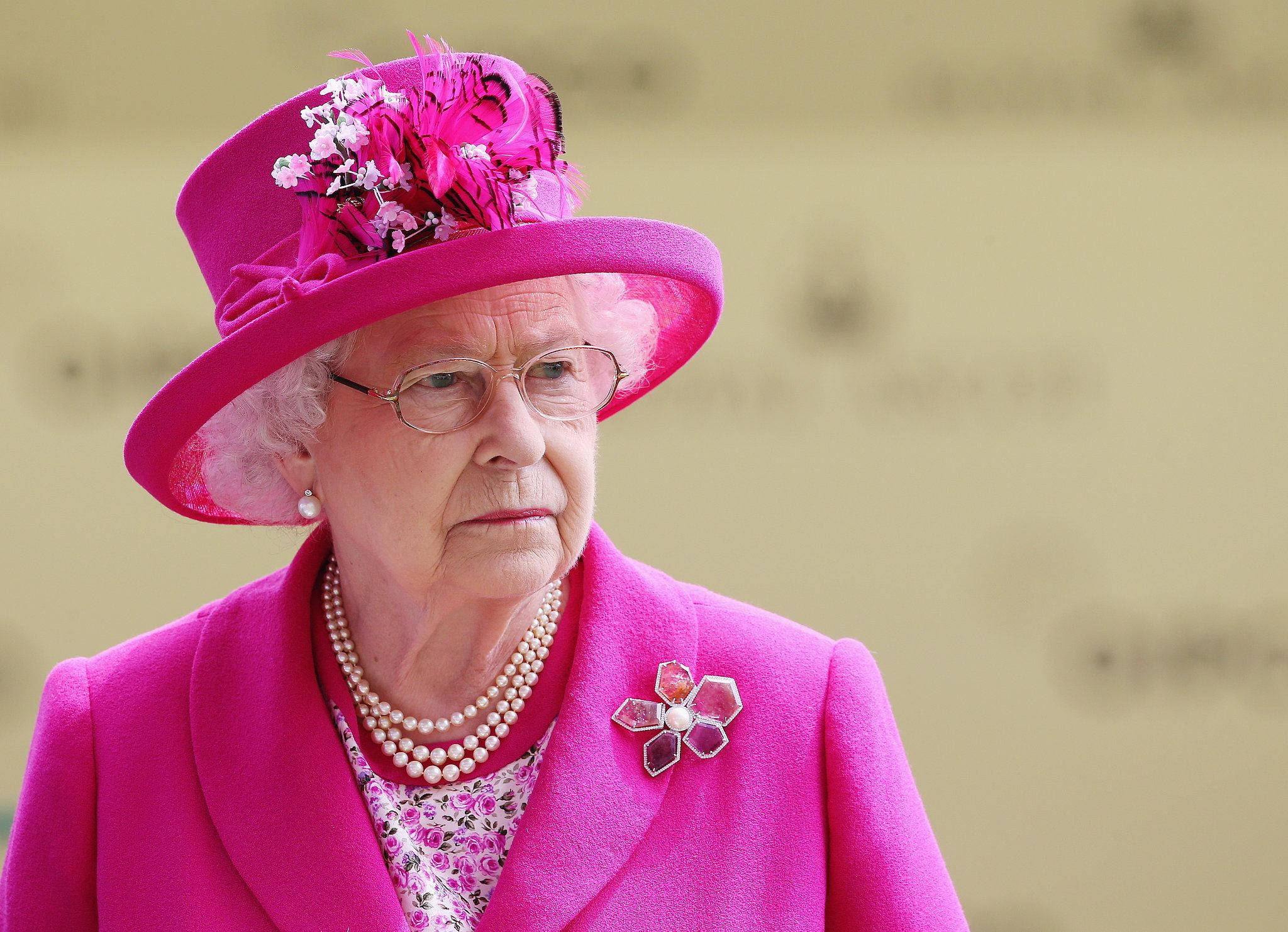 Queen Elizabeth 桌布 壁紙 — 一位身穿鮮豔粉紅色外套和相配帽子、飾有羽毛和花朵的年長女性，若有所思地向前凝視。