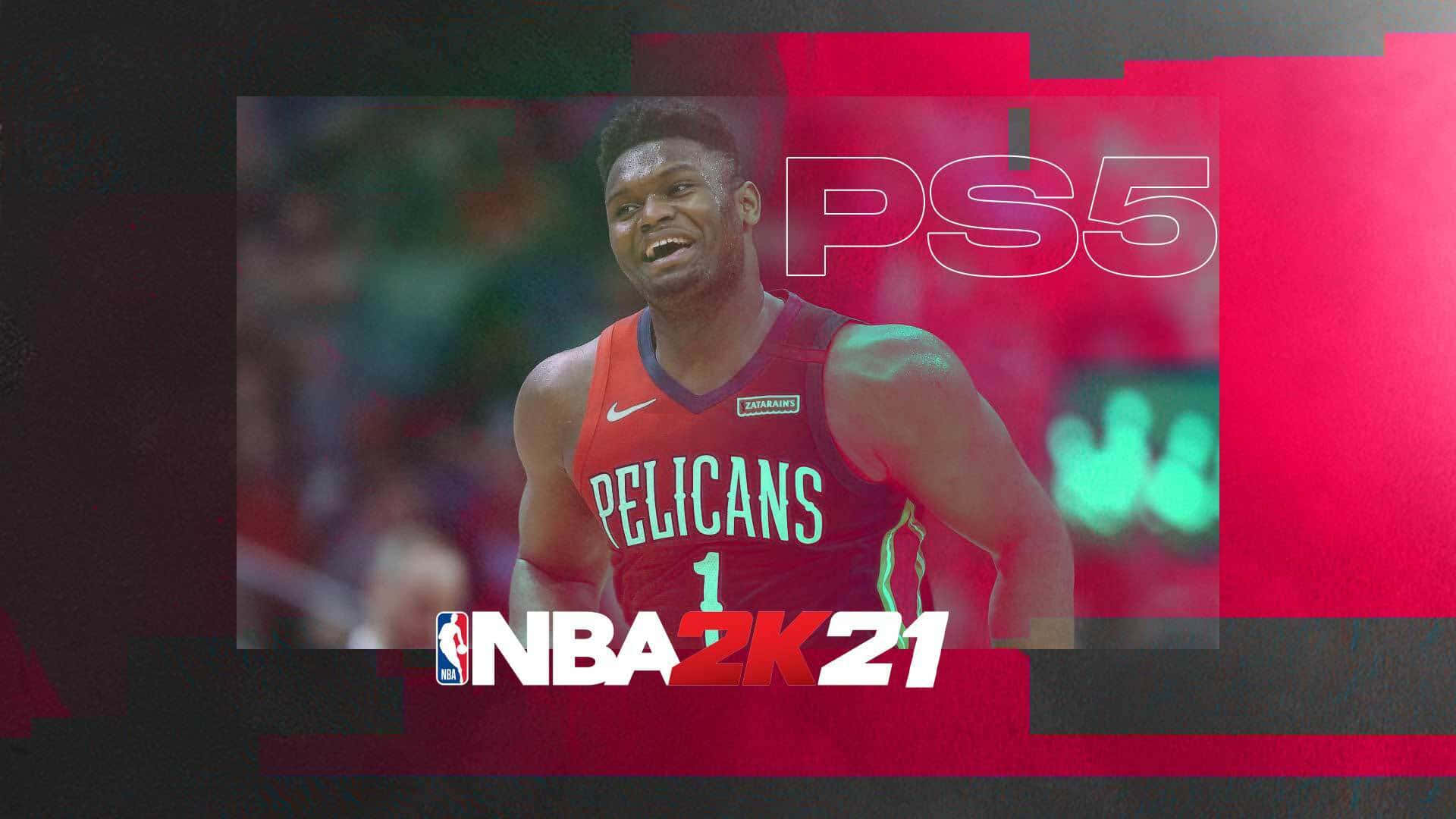 NBA 桌布 壁紙 — 一位身穿鵜鶘隊球衣的籃球運動員在充滿活力的紅黑PS5主題背景和遊戲標誌前自信地微笑。