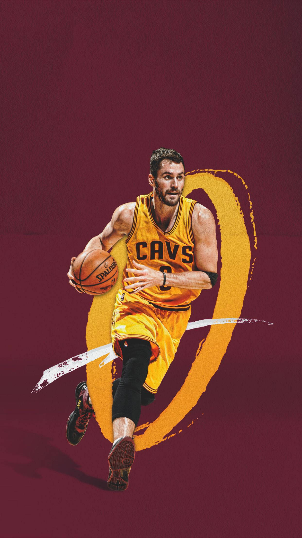 Kevin Love 桌布 壁紙 — 一位身穿黃色Cavs球衣的籃球運動員在栗色背景上運球，背景帶有醒目的黃色筆觸漩渦。