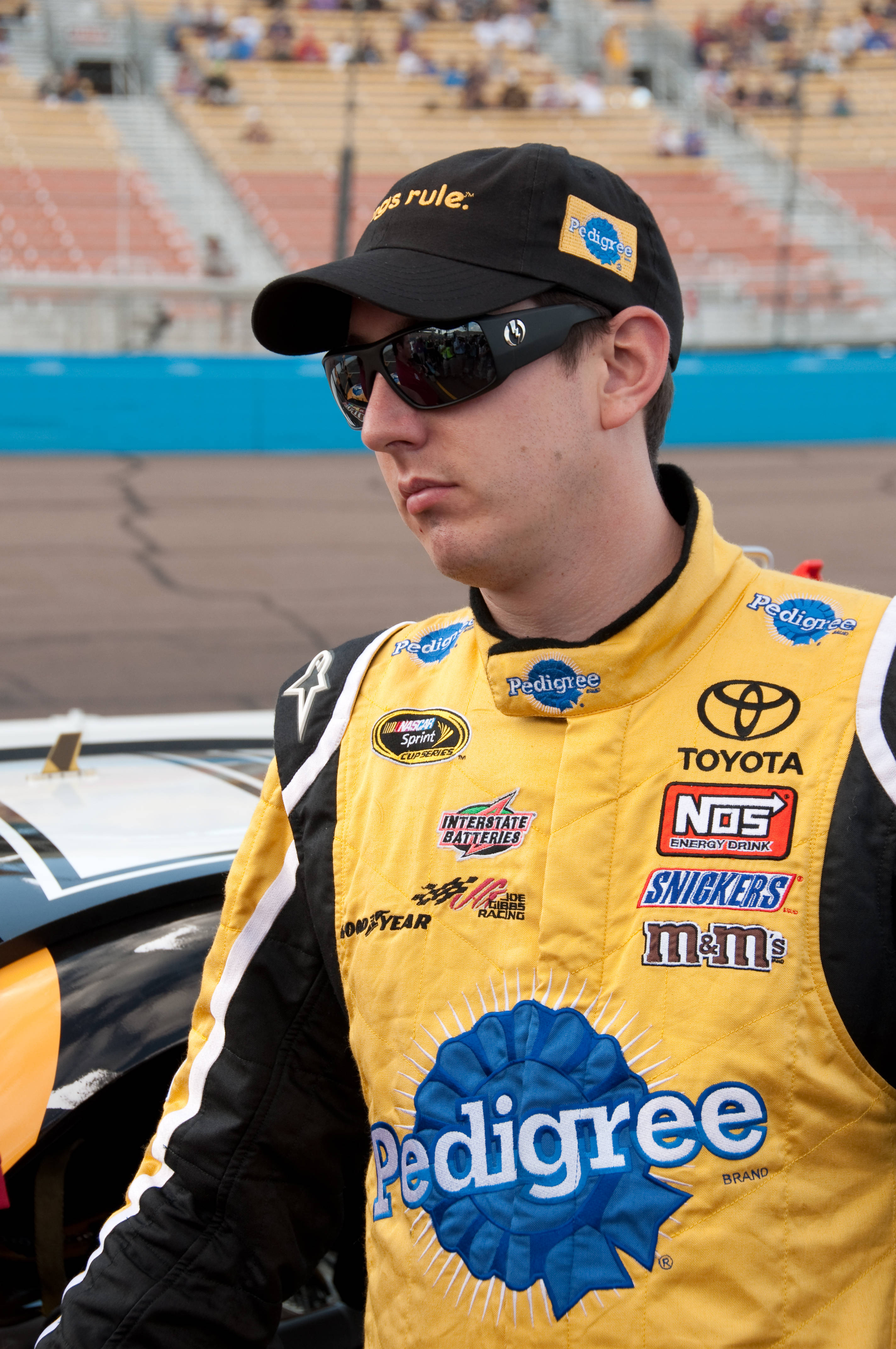 Racing 桌布 壁紙 — 一位身穿黃色Pedigree賽車服的NASCAR車手站在賽道上他的賽車旁邊，背景有觀眾。