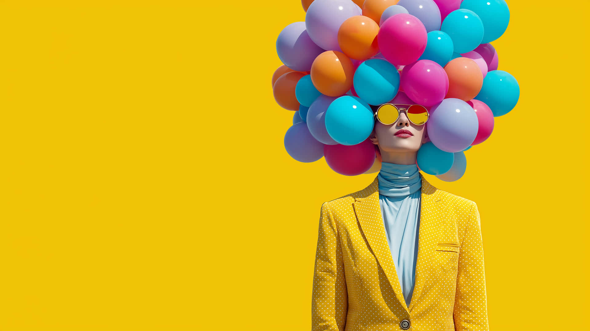 Playful Fashion with Balloon Head 壁紙 — 一位身穿黃色圓點西裝外套和太陽眼鏡的女性，在純黃色背景上，有一簇色彩繽紛的氣球形成她的頭髮。