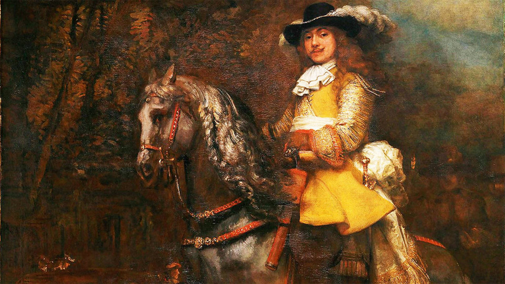 Rembrandt 桌布 壁紙 — 一位身穿黃色外套、頭戴黑色帽子的威嚴男子，騎著一匹黑馬穿過光線斑駁的森林。