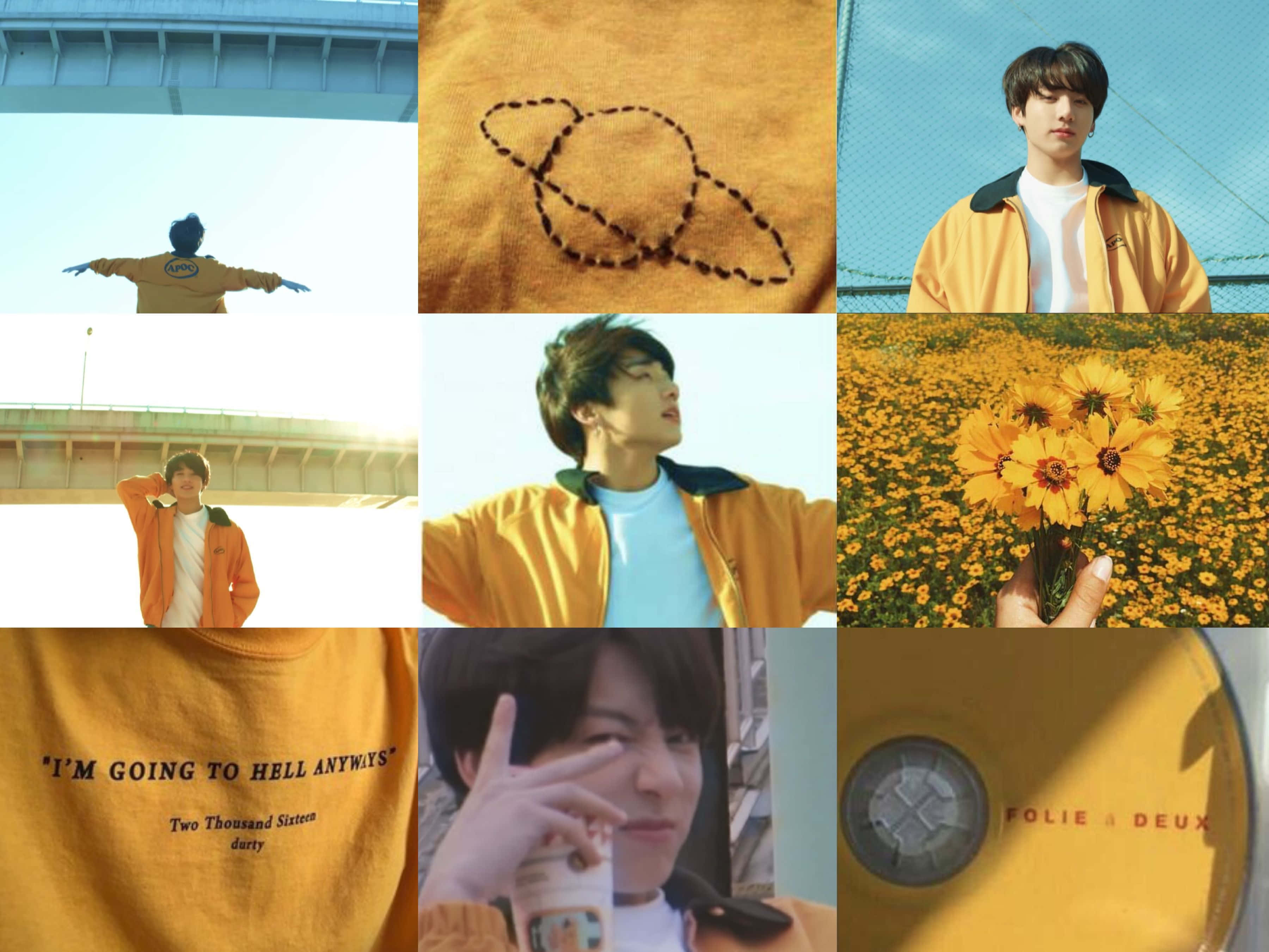 Yellow Aesthetic Collage 桌布 壁紙 — 一位身穿黃色外套的年輕男子在橋下愉快地擺姿勢，手持向日葵，背景是明亮的藍天。
