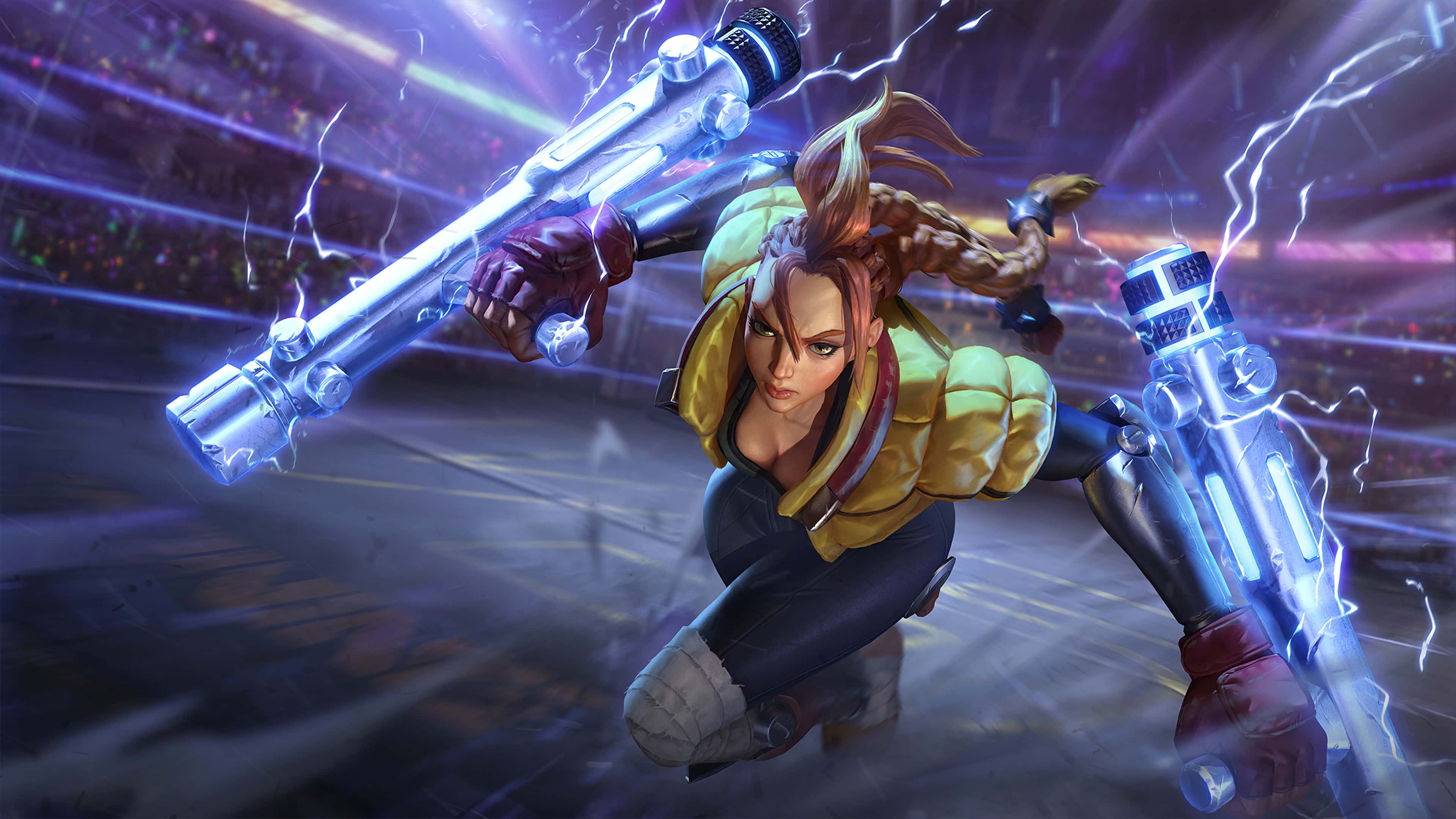 Moba Games 桌布 壁紙 — 一位身穿黃色夾克的兇猛女戰士，在霓虹燈下以動態戰鬥姿勢揮舞著發光的電槍。