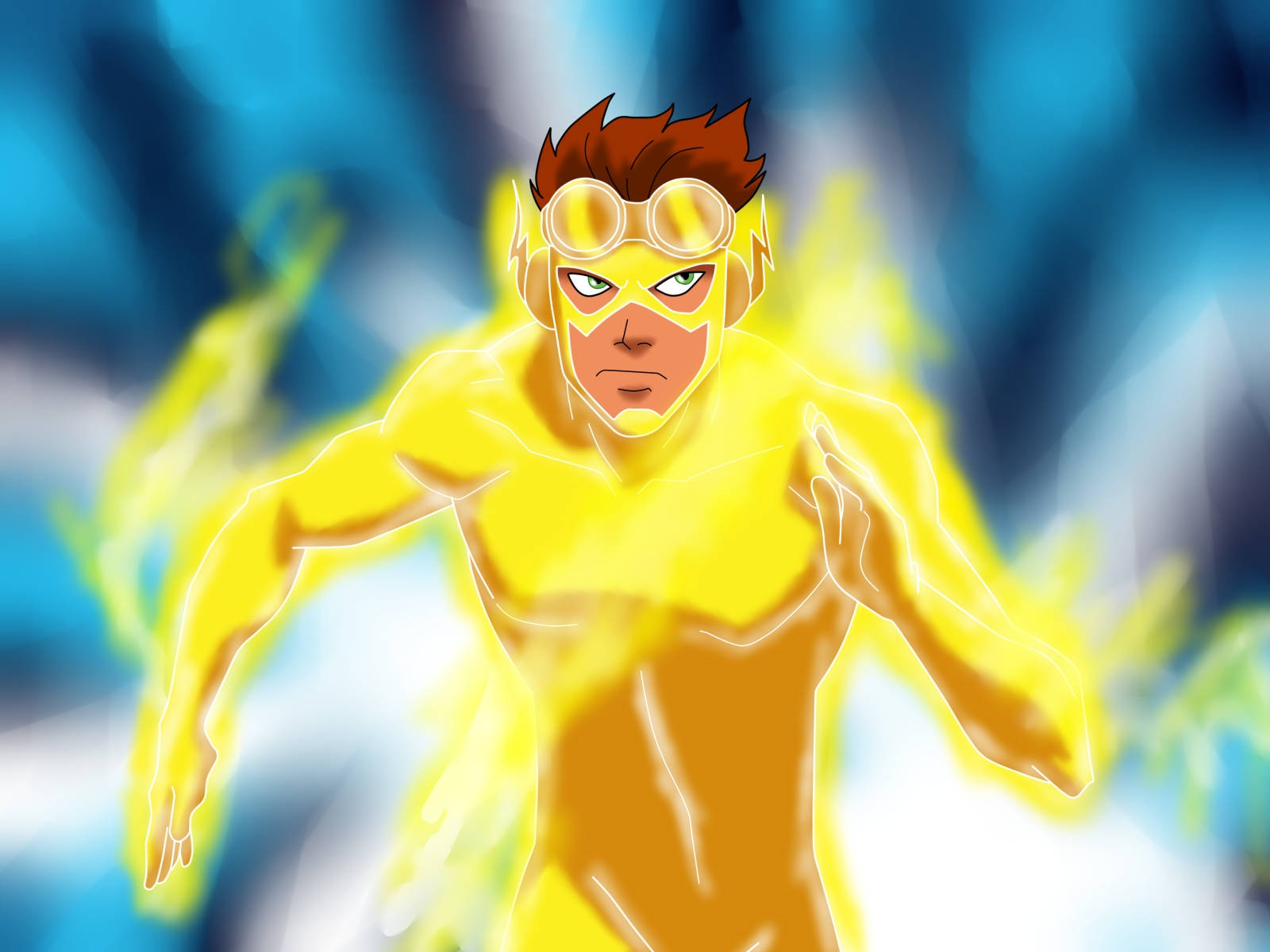Flash 桌布 壁紙 — 一位身穿黃色服裝、戴著護目鏡的超級英雄在模糊的藍色背景下向前奔跑，周圍環繞著發光的能量痕跡。