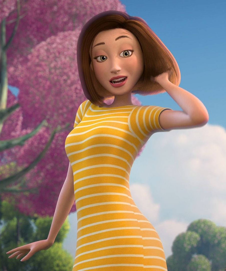 Animated 桌布 壁紙 — 一位身穿黃色條紋連衣裙的開朗動畫女性，在陽光明媚的日子裡站在一棵盛開的粉紅色樹下。