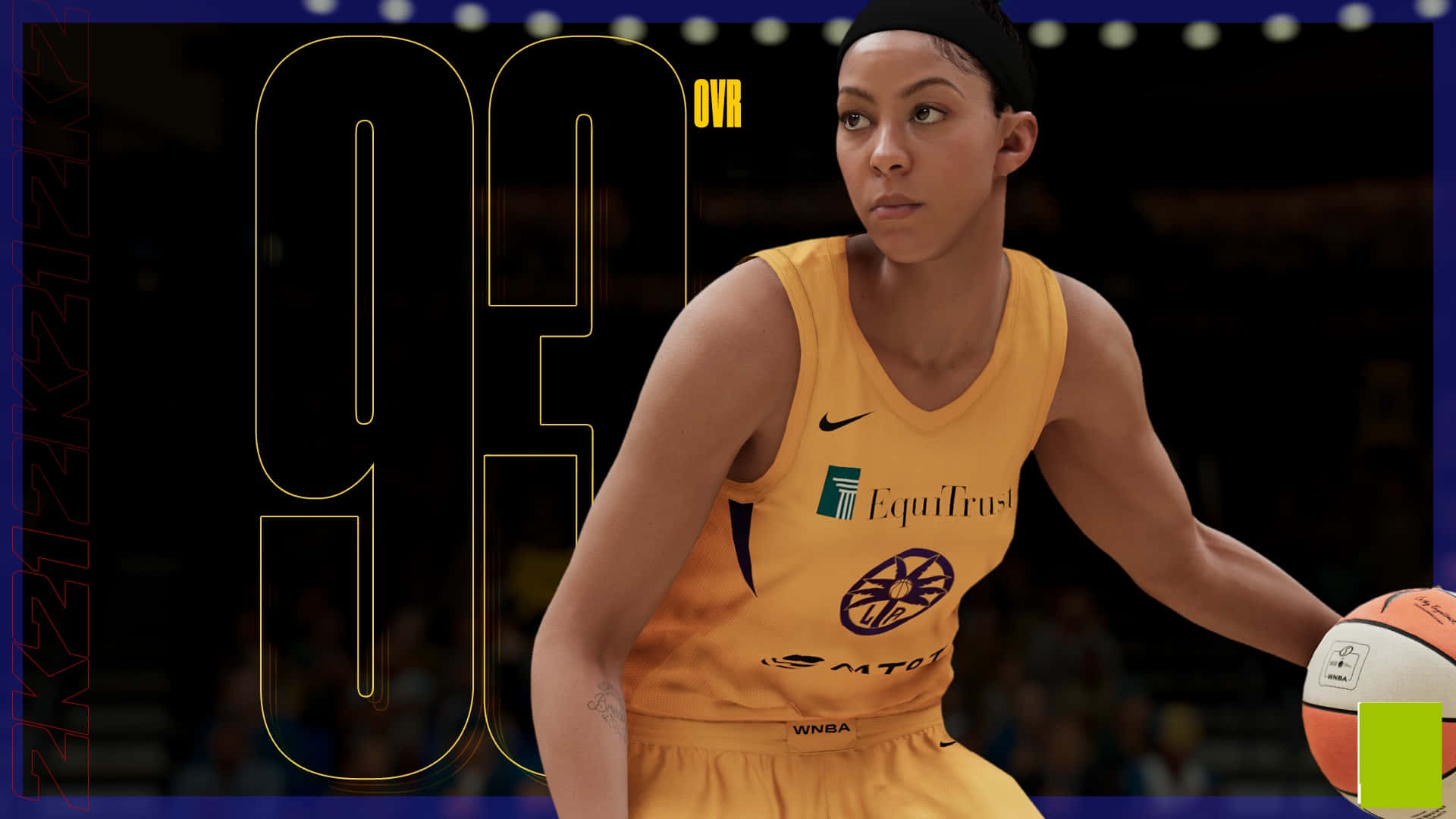 Candace Parker 桌布 壁紙 — 一位身穿黃色球衣的WNBA籃球運動員，身後有一個大膽的「99 OVR」圖案，手持籃球。