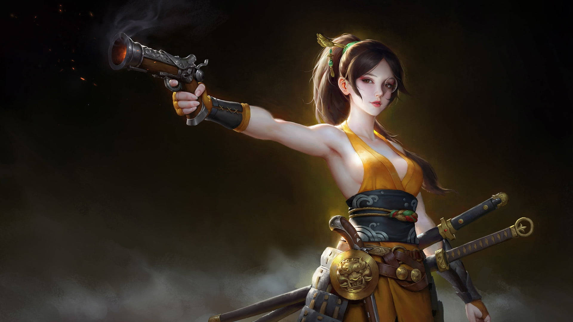 武士動畫 桌布 壁紙 — 一位身穿黃色盔甲的兇猛女戰士，腰間掛著雙劍，手持冒煙手槍瞄準，背景是煙霧瀰漫的黑暗。