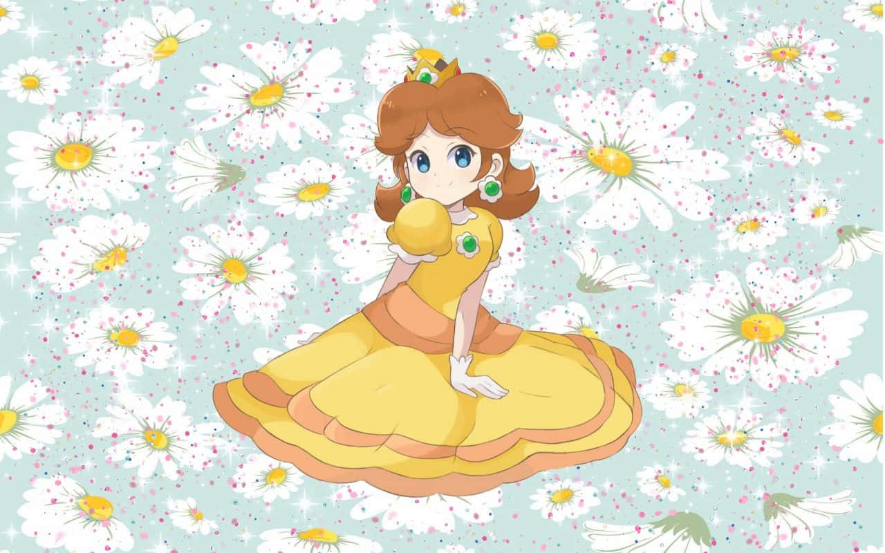 Princess Daisy 桌布 壁紙 — 一位身穿黃色禮服的開朗動畫公主坐在閃閃發光的淺藍色背景中漂浮的雛菊之間。