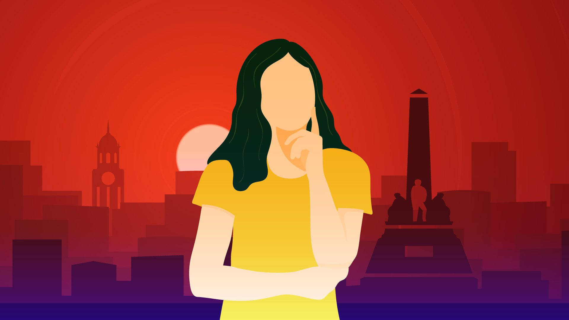 Illustration 桌布 壁紙 — 一位身穿黃色襯衫的風格化女性，在充滿活力的紅色日落城市景觀中沉思，背景有剪影地標。