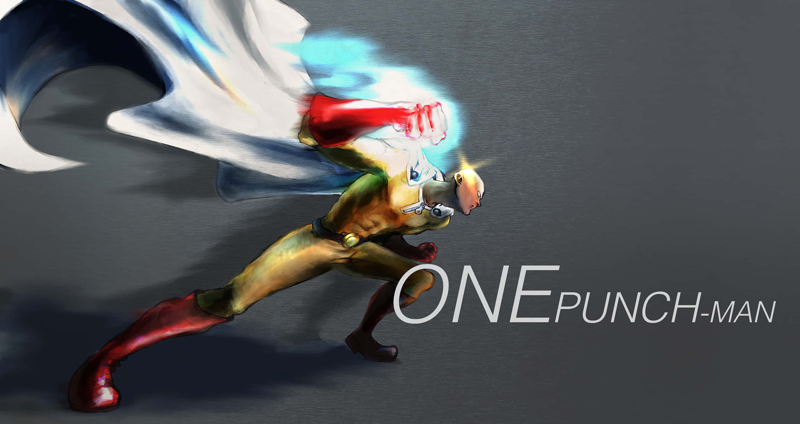 One Punch Man Minimalist 桌布 壁紙 — 一位身穿黃色西裝和白色斗篷的動態動漫英雄，在深灰色背景上以發光的拳頭向前衝刺。