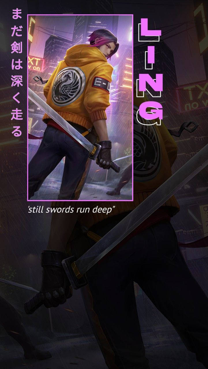 heroes 桌布 壁紙 — 一位身穿黃色連帽衫的風格化動漫戰士，在夜晚霓虹燈閃爍的城市摩天大樓中揮舞著劍。