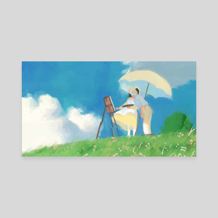 The Wind Rises 桌布 壁紙 — 一位身穿黃色連衣裙和帽子的畫家坐在長滿草的山丘上，在淡黃色雨傘下，在藍天白雲下繪畫風景。