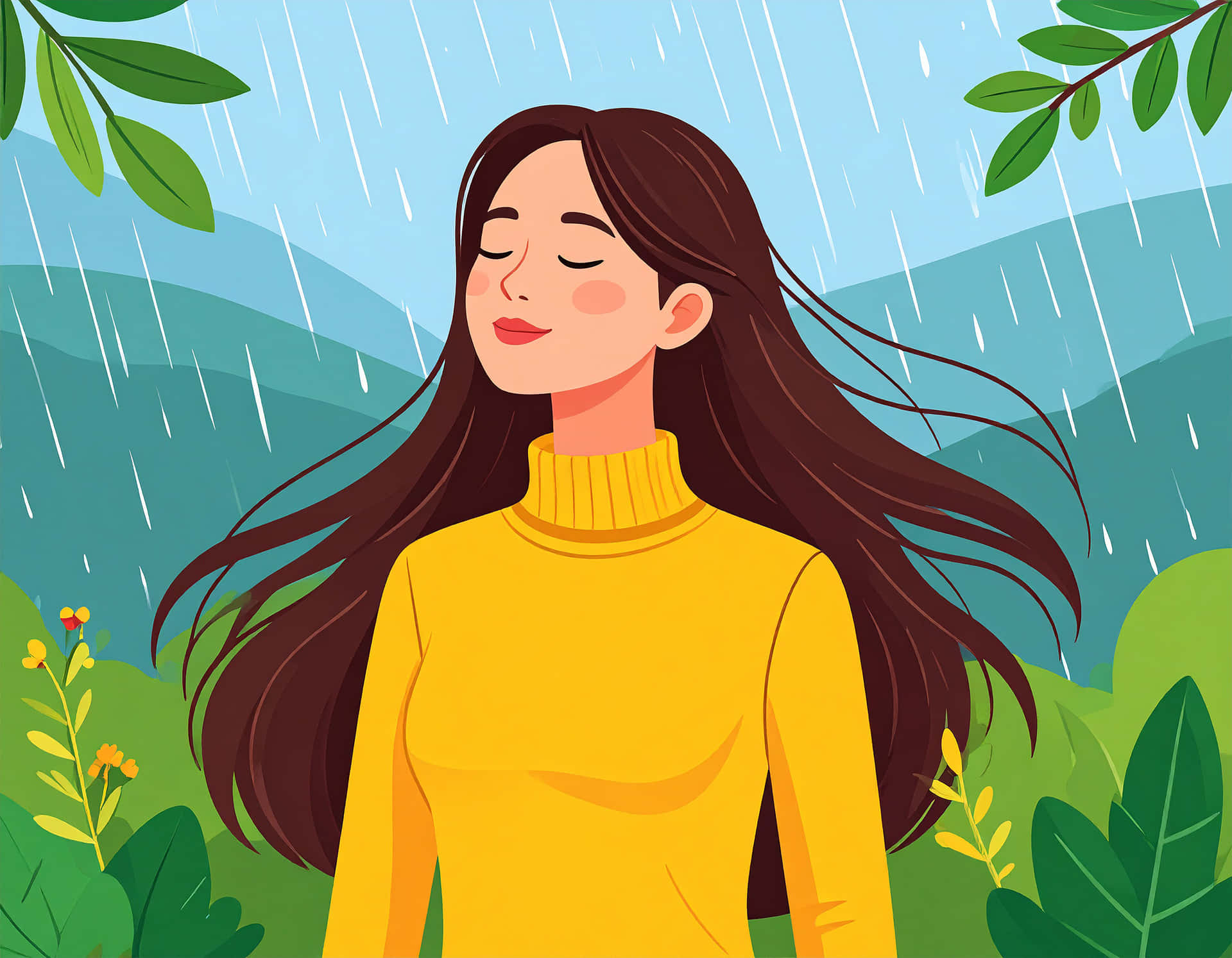Woman With Long Hair 壁紙 — 一位身穿黃色高領毛衣的女性在雨中平靜地閉上眼睛，周圍是綠色植物和遠山。