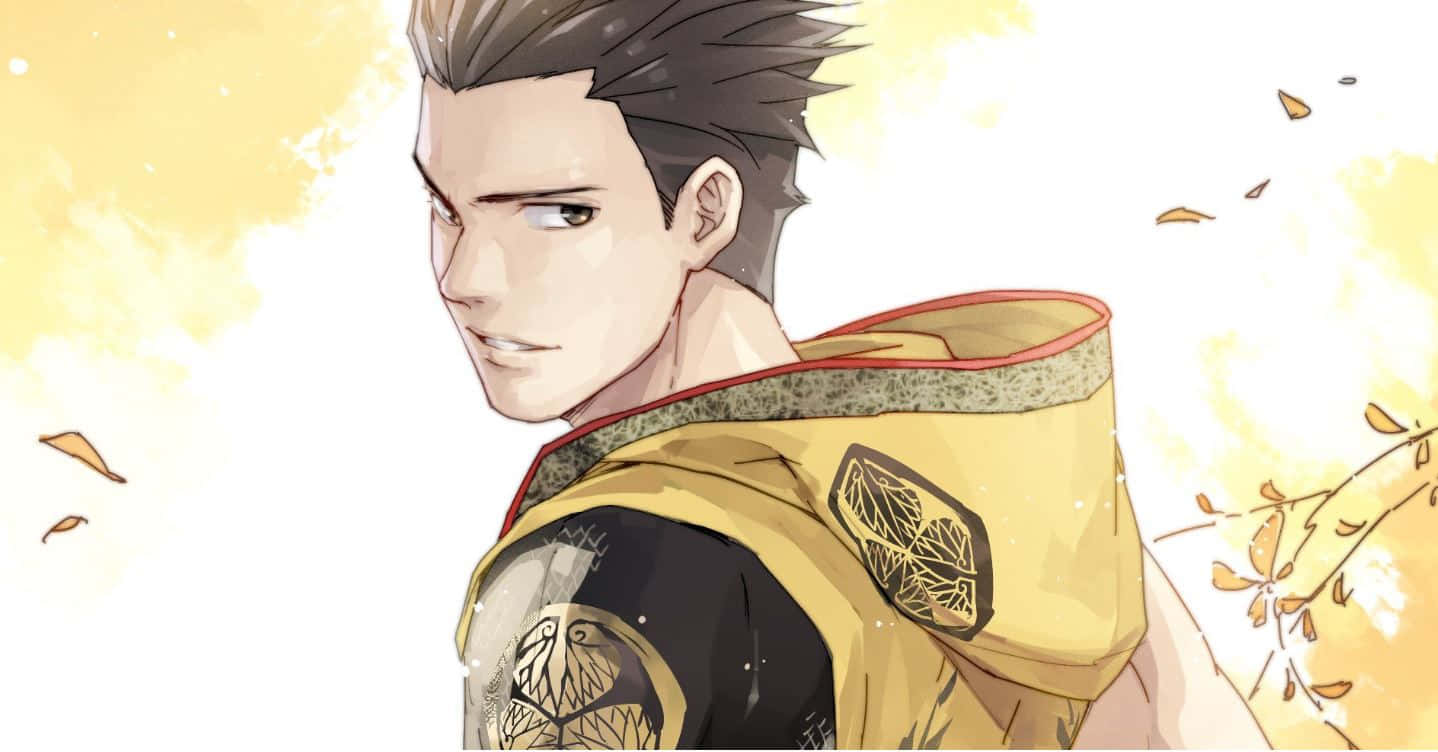 Tokugawa 桌布 壁紙 — 一位身穿黃黑外套的年輕動漫男子，站在溫暖的金色背景前，周圍有飄落的秋葉。
