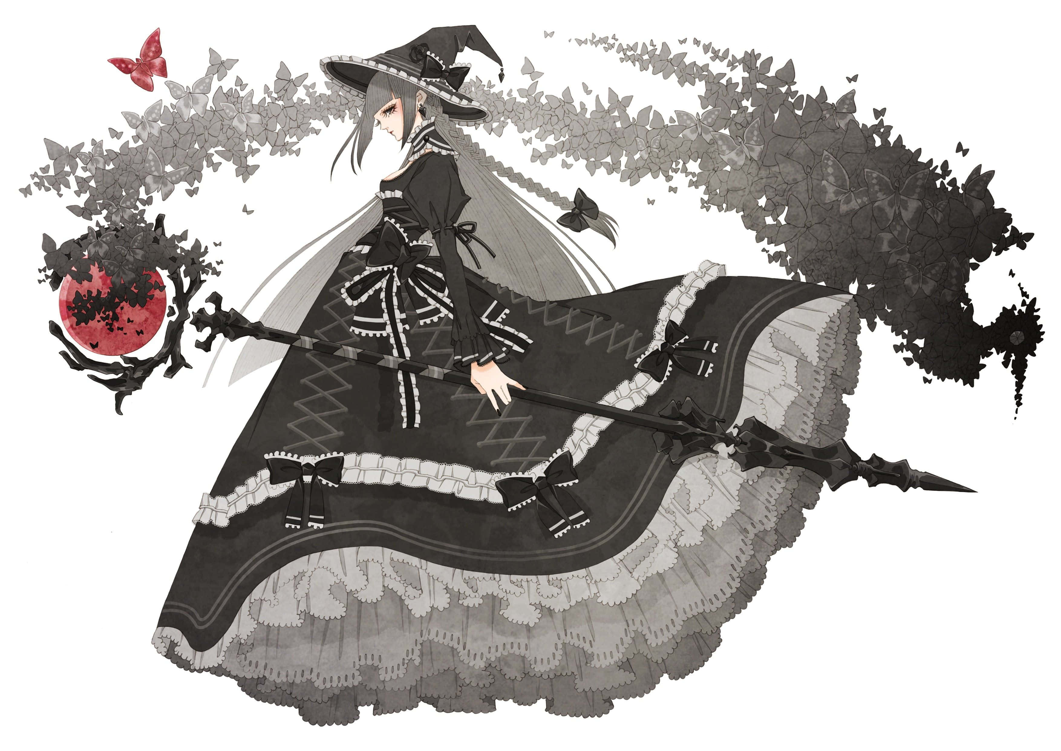 Gothic Costumes 桌布 壁紙 — 一位身穿黑白哥德式連衣裙的女巫，手持一根帶有紅色月亮球體的魔杖，周圍環繞著蝴蝶。