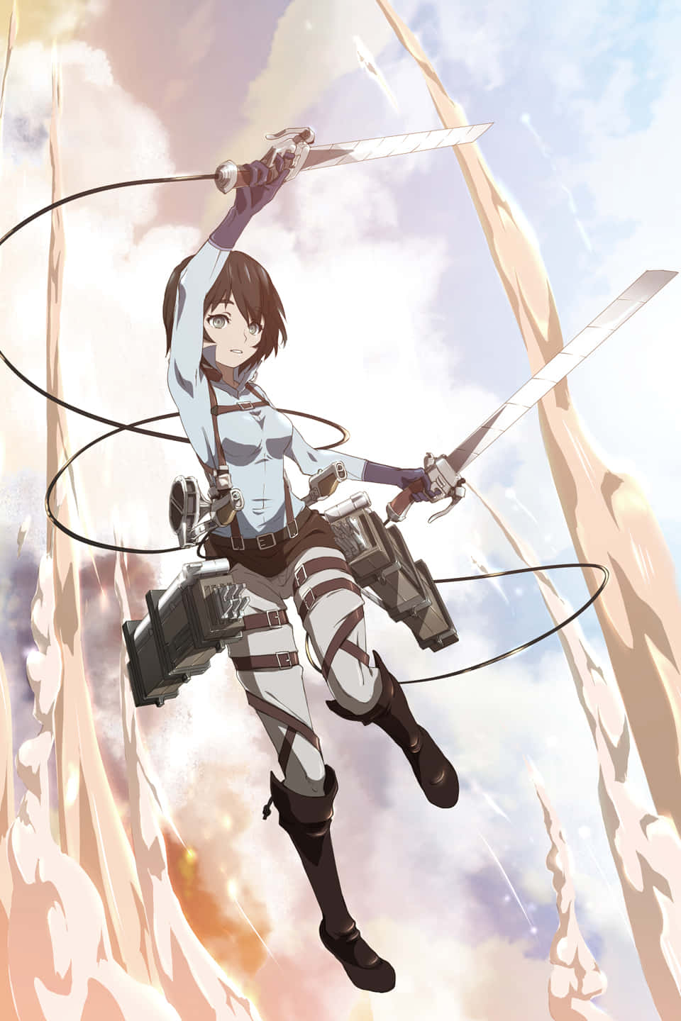 Mayuri Shiina 桌布 壁紙 — 一位身穿黑白戰鬥服的動漫女孩，在雲朵和溫暖光線的背景下，用兩把劍和抓鉤在空中擺盪。