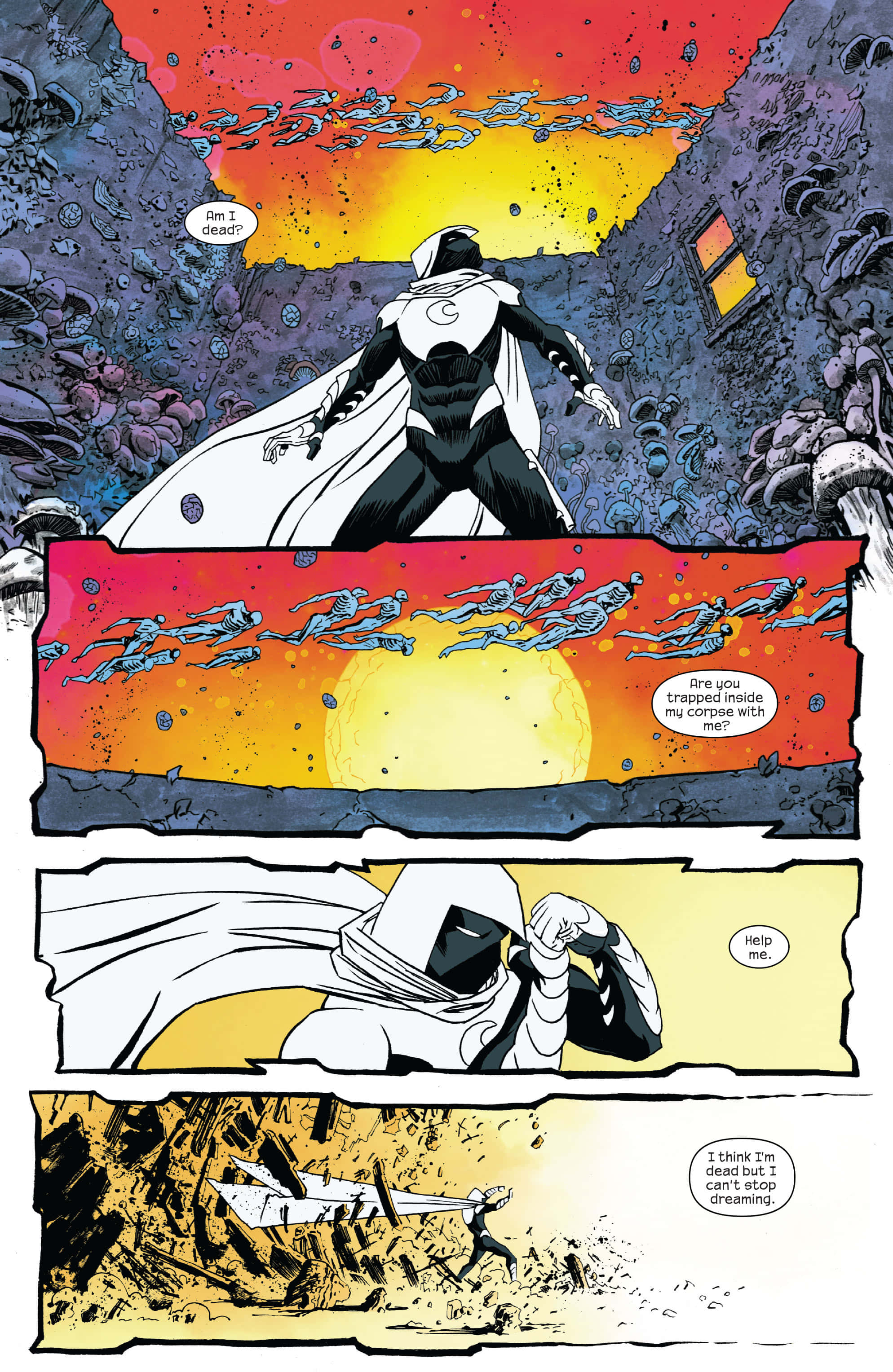 Moon Knight 桌布 壁紙 — 一位身穿黑白服裝的蒙面英雄站在懸崖頂上，漂浮的身影在火紅的日落天空中飛馳。