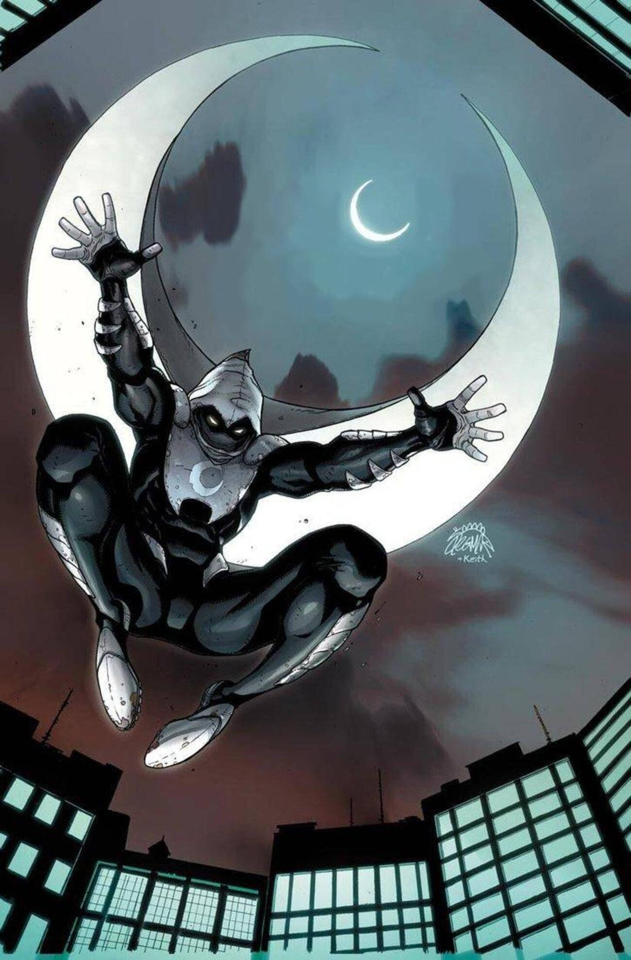 Moon Knight 桌布 壁紙 — 一位身穿黑白服裝的蒙面超級英雄在巨大新月背景下，於城市天際線上動態跳躍。