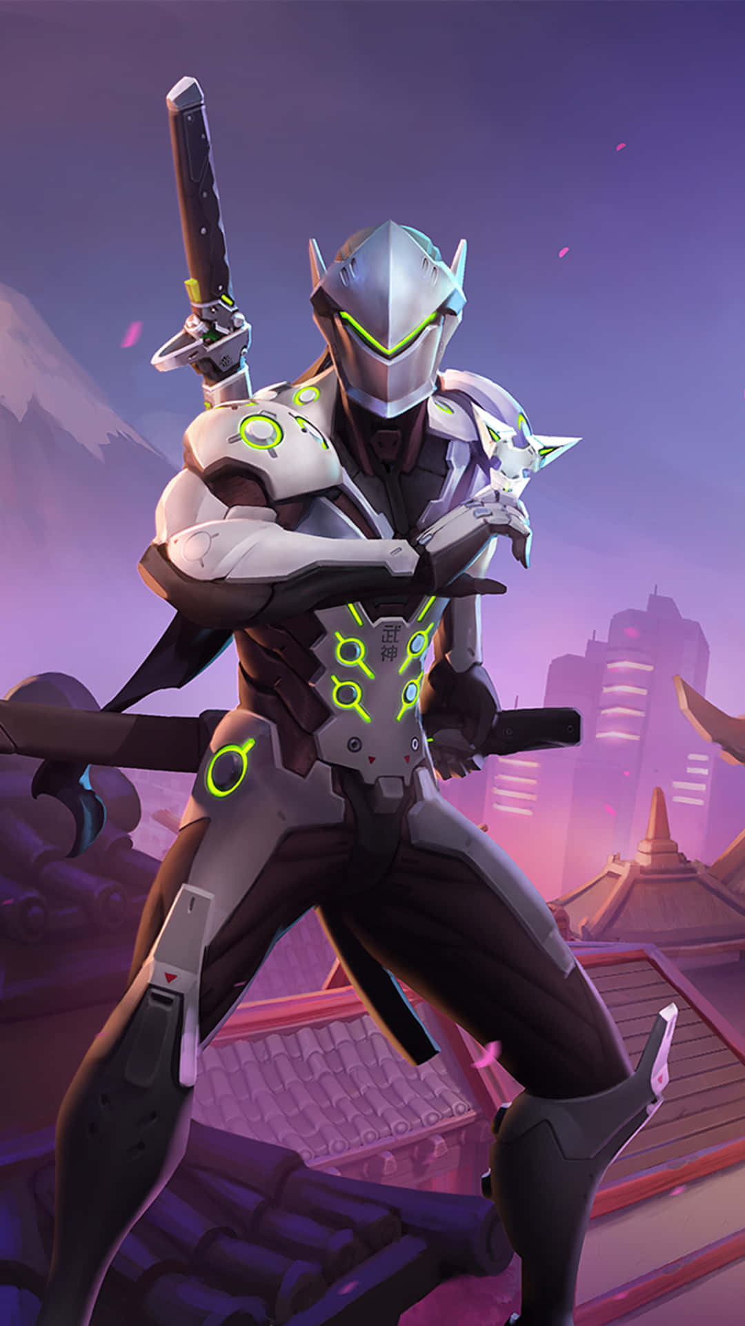 iPhone Xs Overwatch 桌布 壁紙 — 一位身穿黑白盔甲、帶有綠色發光裝飾的未來戰士，站在屋頂上，手持武士刀，背景是紫色調的城市天際線。