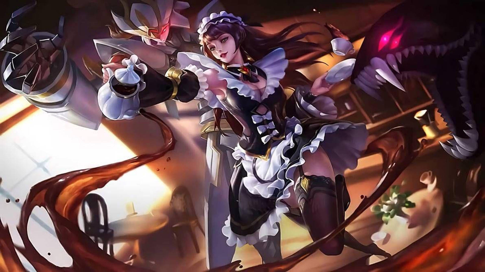 Mobile Legends 動態圖 桌布 壁紙 — 一位身穿黑白荷葉邊的女僕揮舞著茶壺，黑暗的液體在她周圍流動，周圍是怪獸，場面混亂。