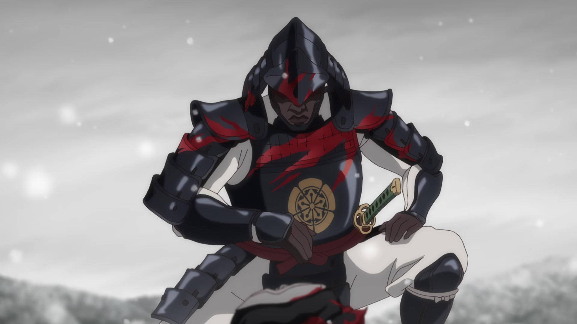 Yasuke 桌布 壁紙 — 一位身穿黑紅鎧甲的武士跪在雪地上，身旁放著一把刀，背景是灰色的冬日天空。