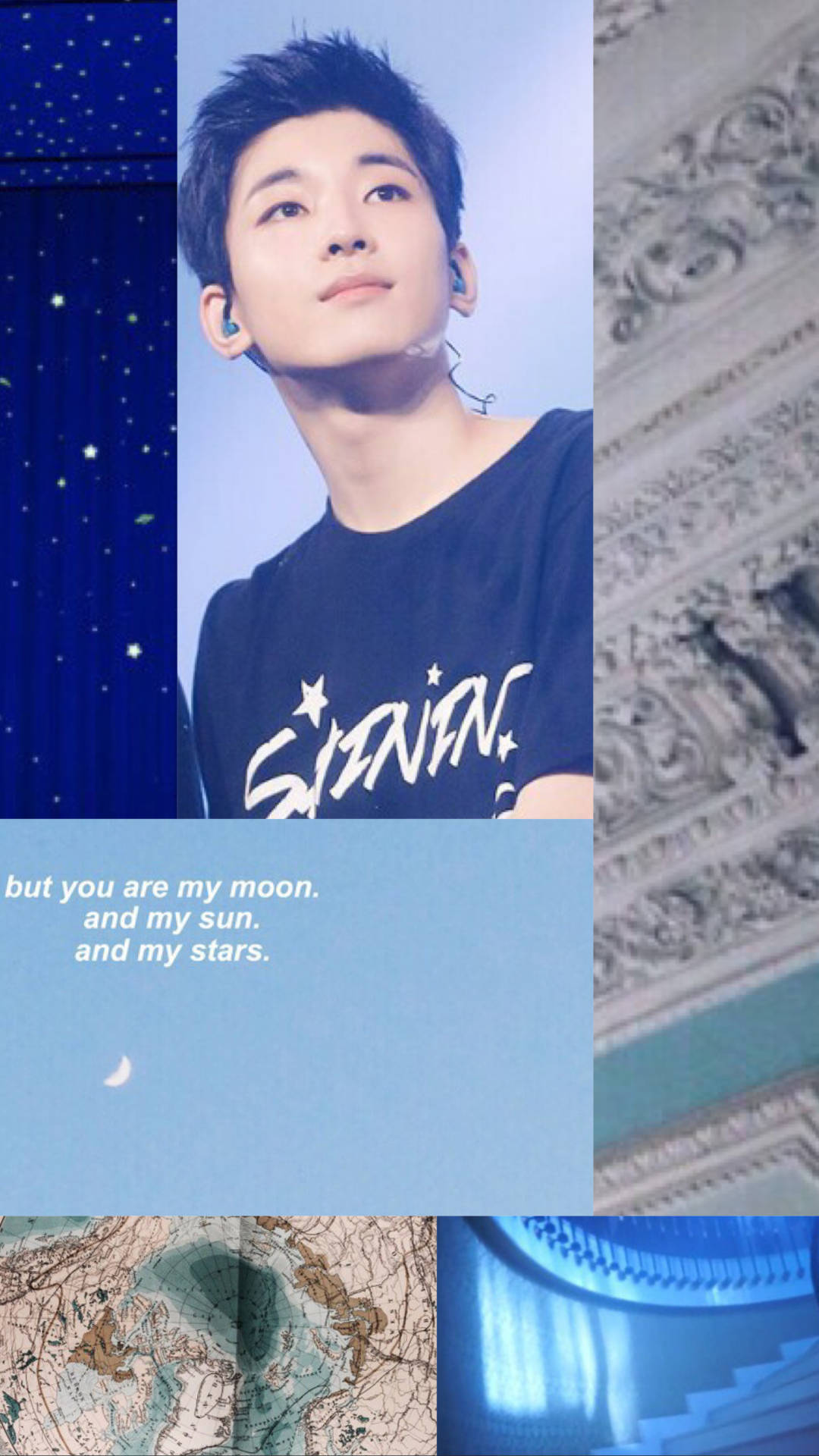 Wonwoo 桌布 壁紙 — 一位身穿黑色T恤的年輕男子，在星空藍色背景上，仰望帶有神聖文字和華麗建築細節的畫面。