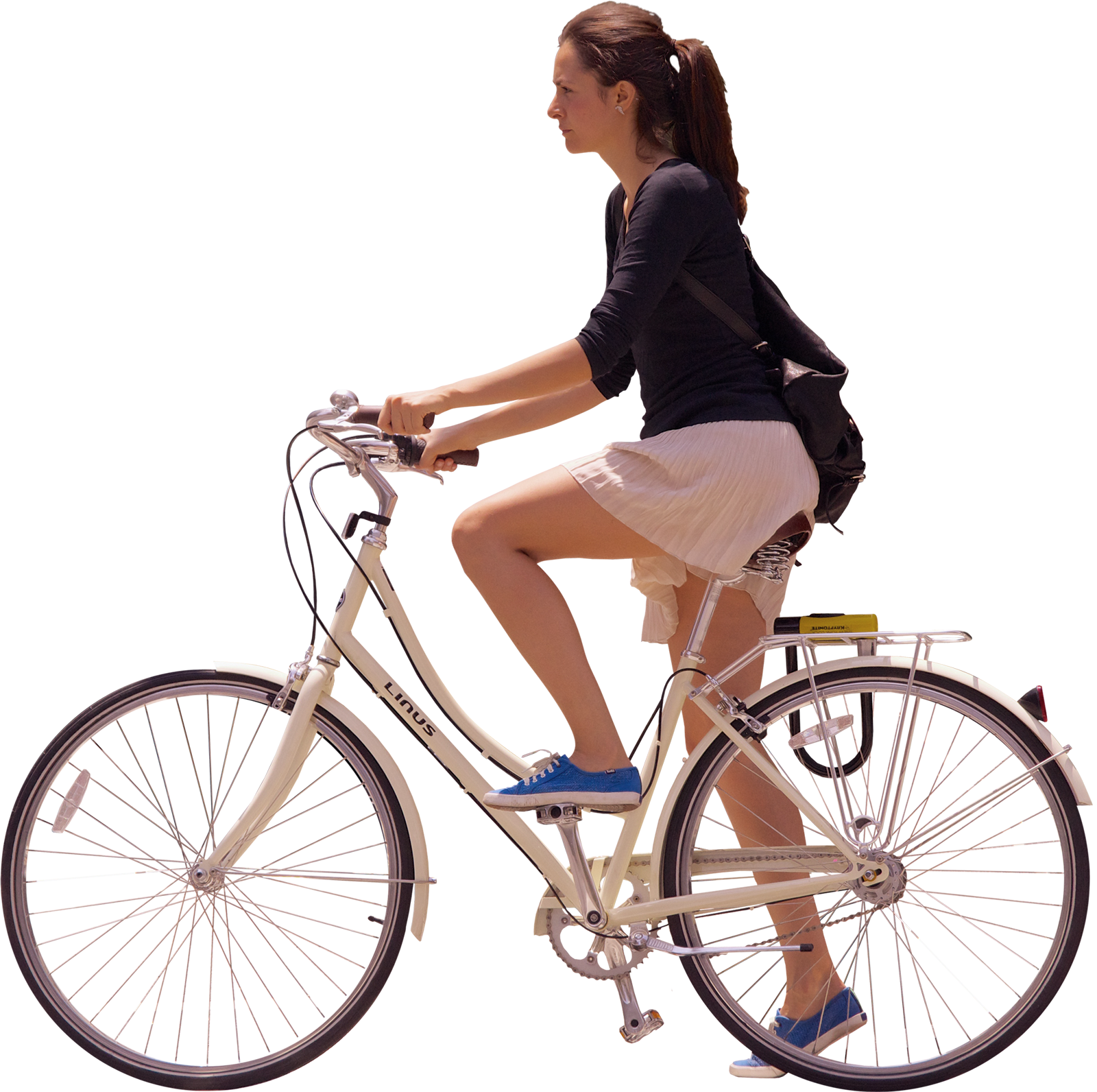 騎自行車 桌布 壁紙 — 一位身穿黑色上衣和白色裙子的女性，在明亮的背景下踩著一輛帶有獨特輻條輪的奶油色自行車。