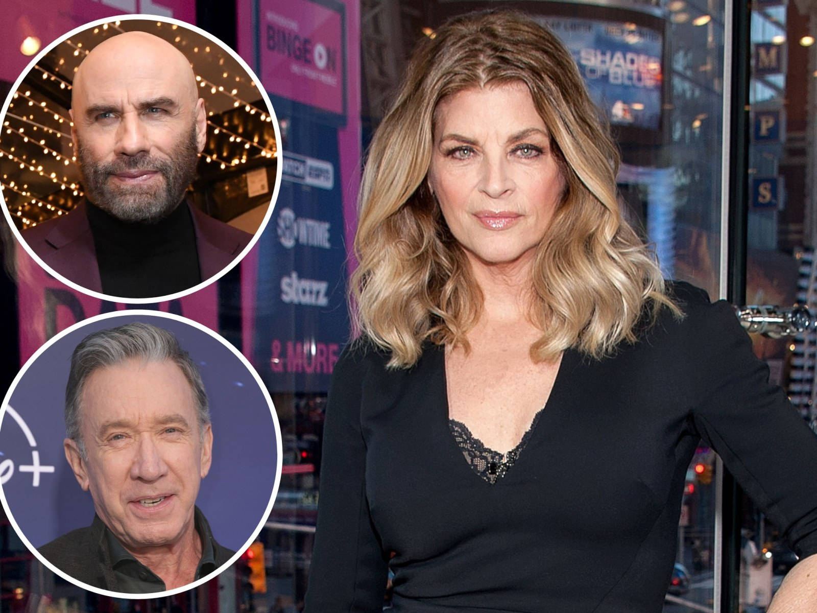 Celebrity 桌布 壁紙 — 一位身穿黑色上衣的女性站在兩個圓形嵌入的男性旁邊，背景是充滿活力的城市天際線和發光的招牌。