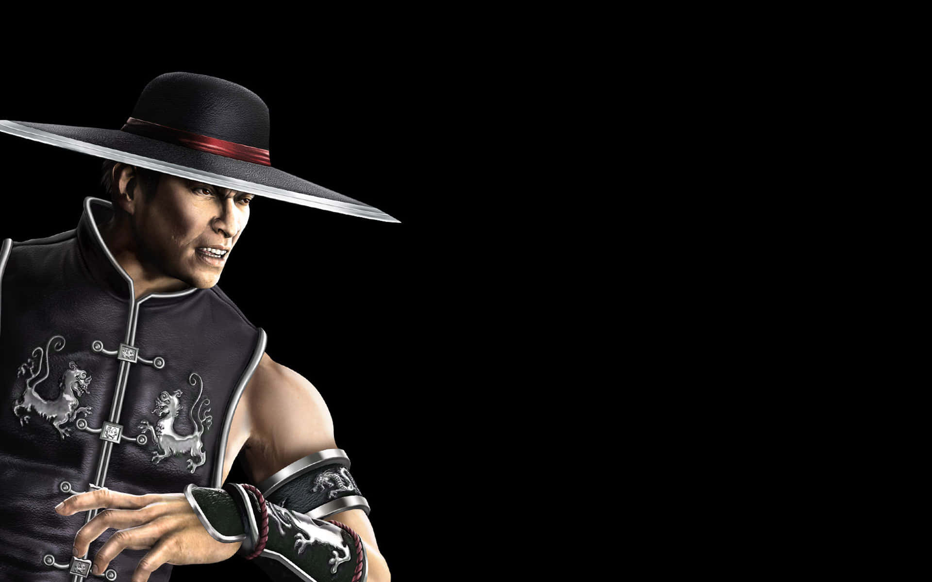 Mortal Kombat Kung Lao 桌布 壁紙 — 一位身穿黑色傳統服飾、戴著寬邊帽的兇猛武術家，站在純黑背景前。