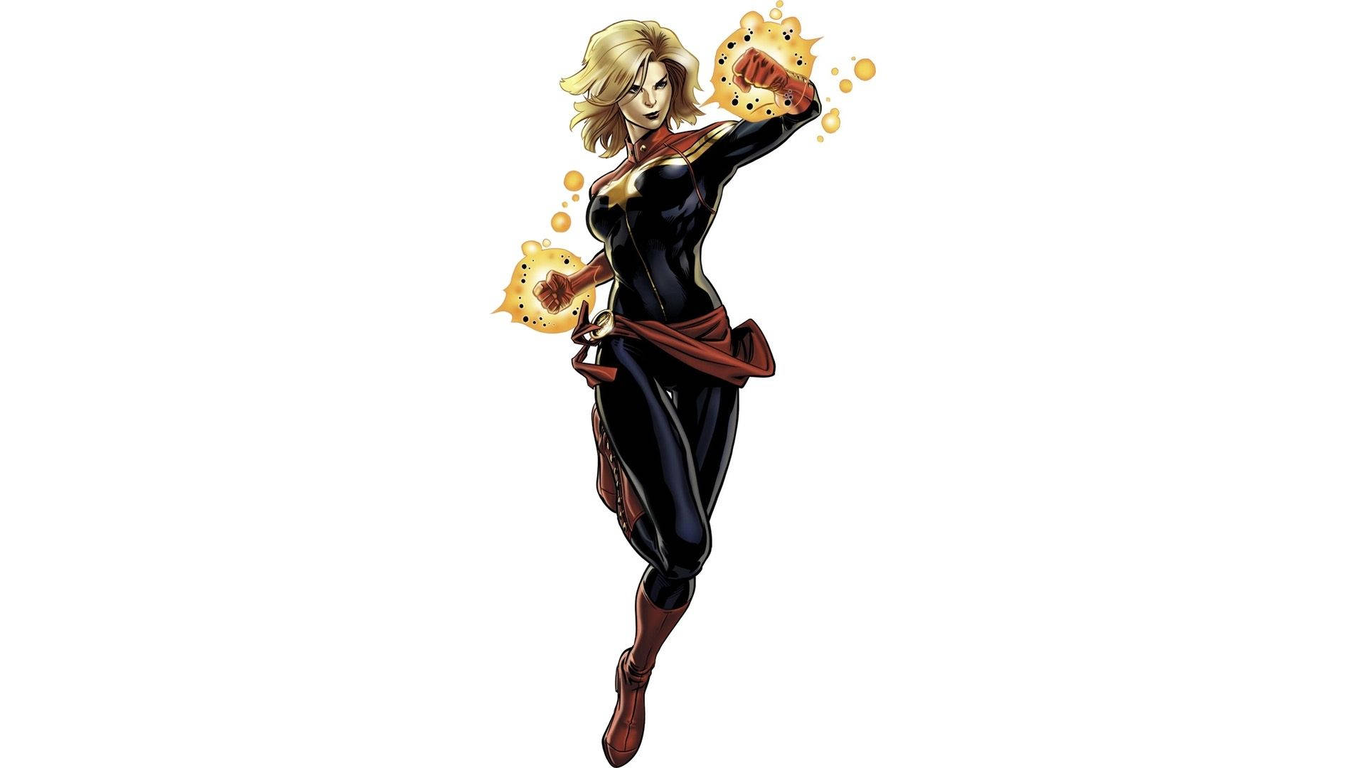 Captain Marvel 桌布 壁紙 — 一位身穿黑色和紅色套裝的動感女超級英雄向前跳躍，拳頭爆發出發光的能量球。