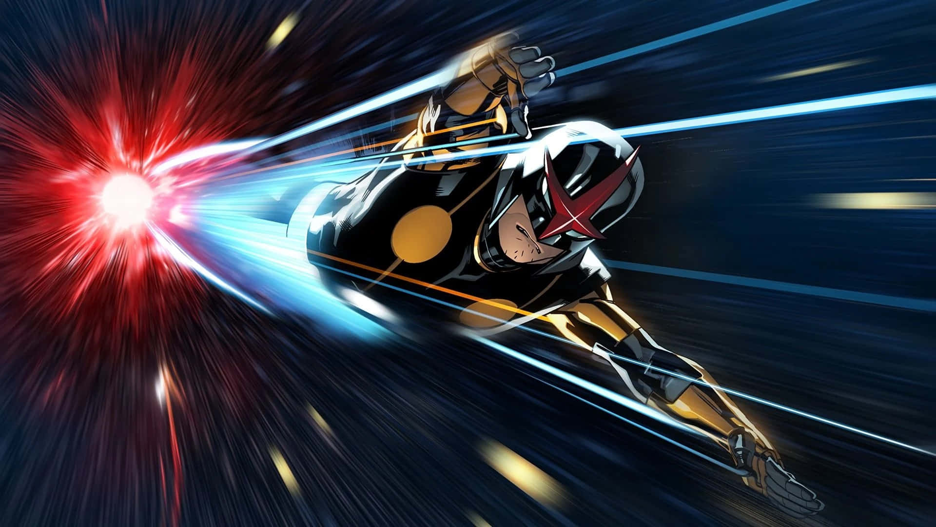 Nova Corps 桌布 壁紙 — 一位身穿黑色和金色盔甲的超級英雄以超高速向前衝刺，身後留下一道藍光和紅色能量爆發的痕跡。