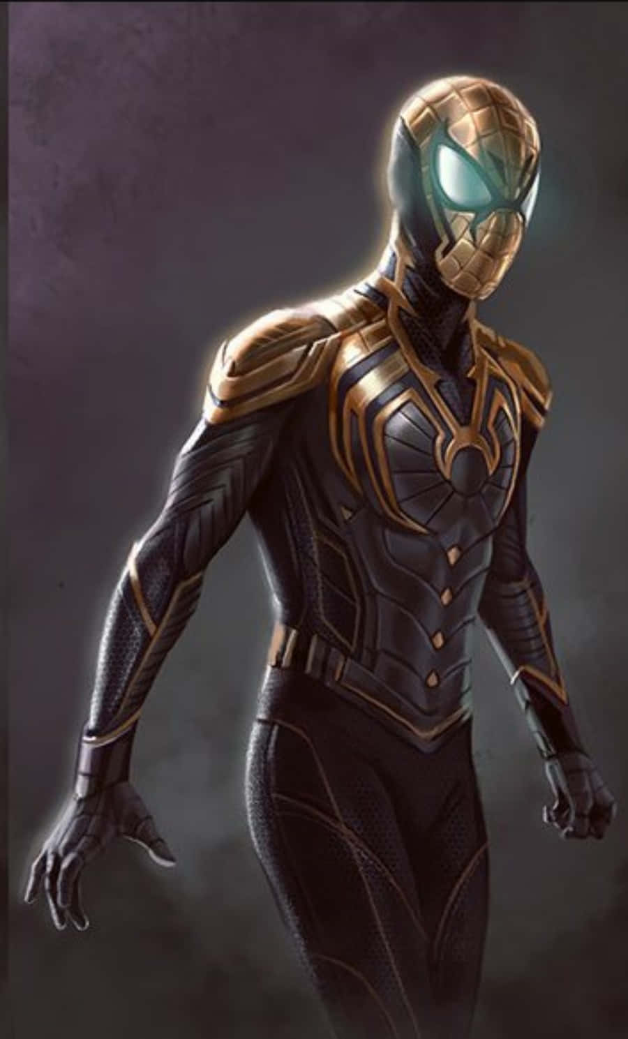 Vibranium Suit 桌布 壁紙 — 一位身穿黑色和金色裝甲服、擁有發光藍色眼睛的超級英雄，在黑暗煙霧背景中蓄勢待發。