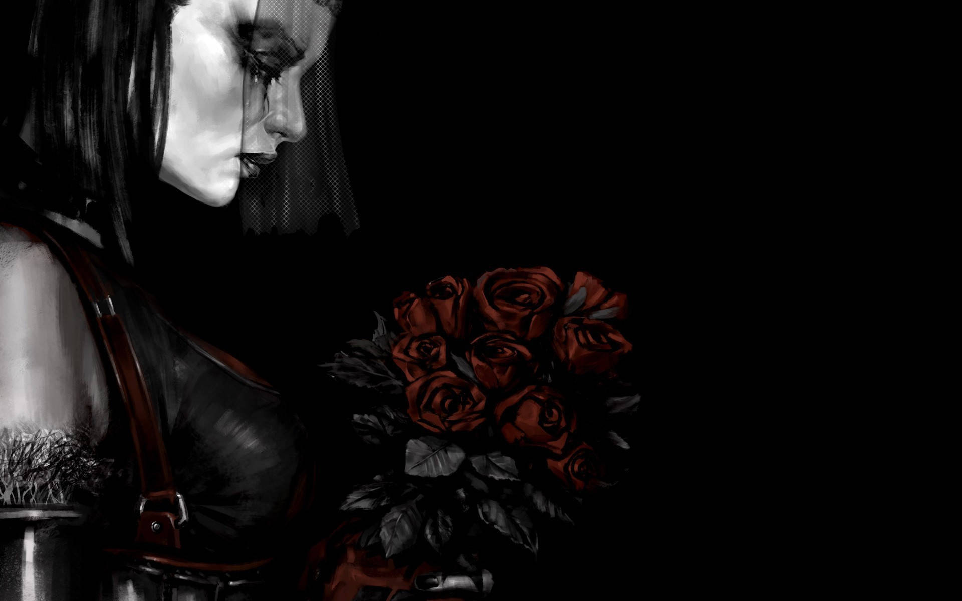 Batman Arkham City 桌布 壁紙 — 一位身穿黑色哥德式服裝的女性，在純黑背景前手持一束深紅玫瑰。
