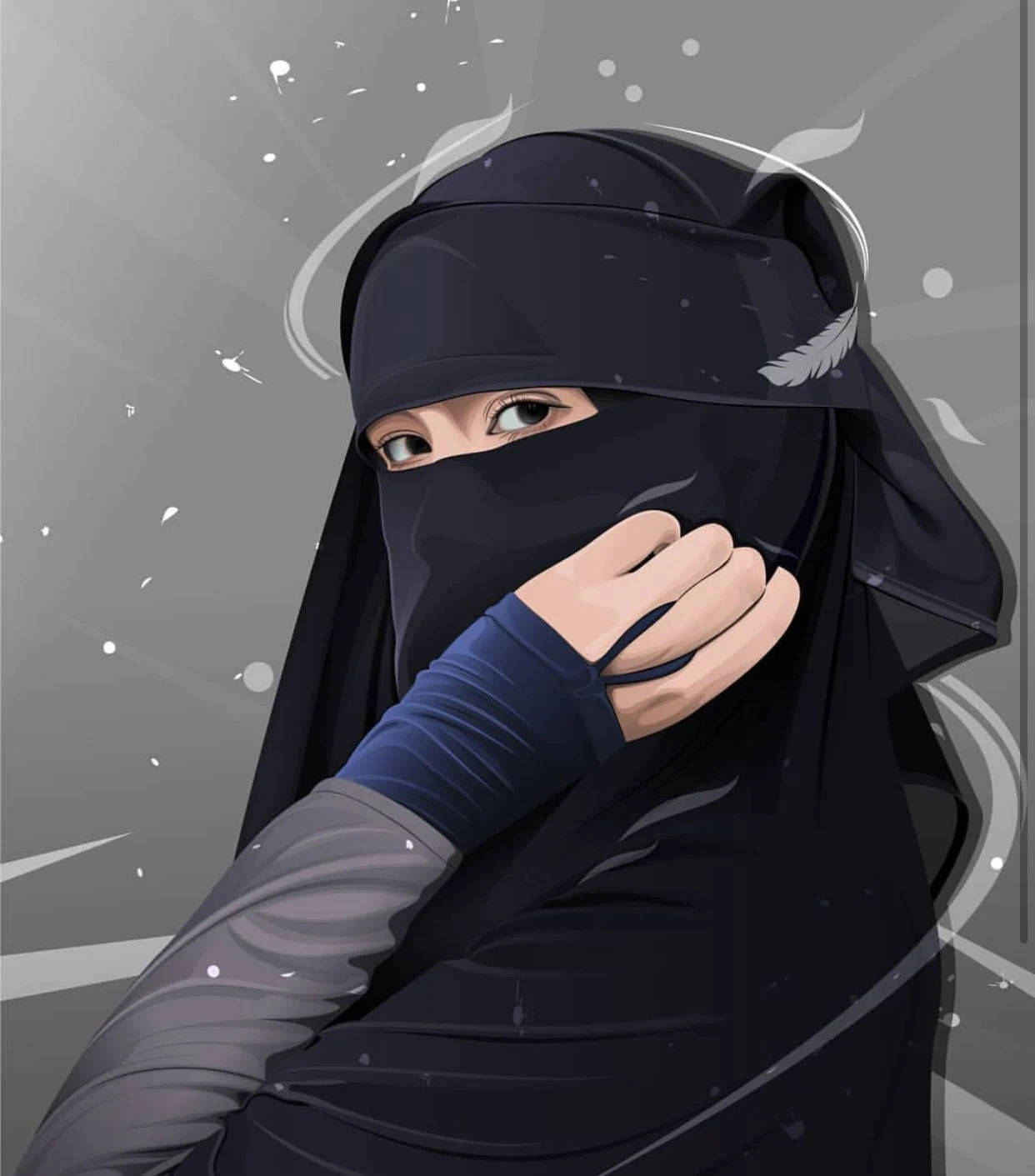 muslim 桌布 壁紙 — 一位身穿黑色尼卡布的女性，一隻手靠近臉部，以灰色抽象背景配白色羽毛圖案的數位藝術肖像。