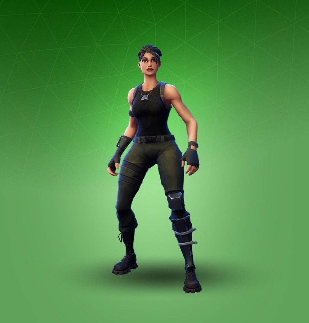 Fortnite Skins 桌布 壁紙 — 一位身穿黑色戰術裝備的女性Fortnite角色，自信地站在充滿活力的綠色幾何背景前。