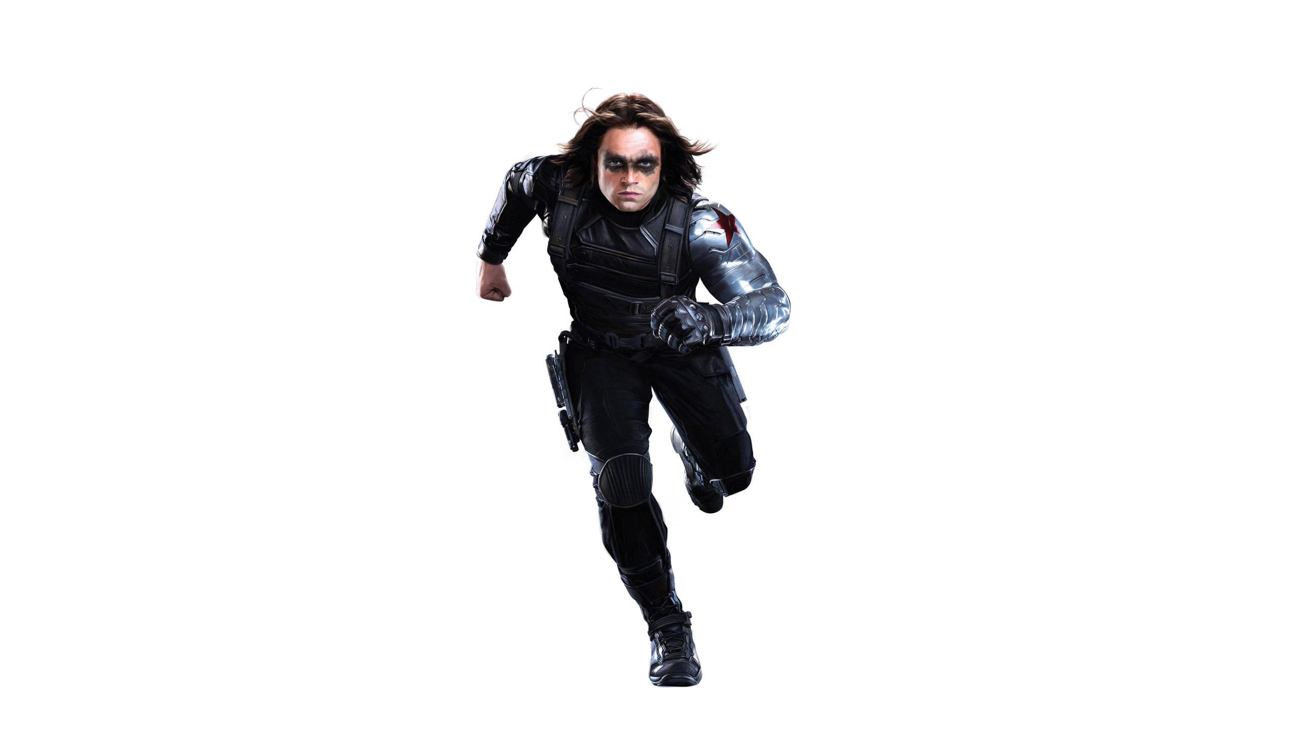Bucky Barnes 桌布 壁紙 — 一位身穿黑色戰術裝備的超級英雄，在純白背景下全神貫注地向前衝刺。