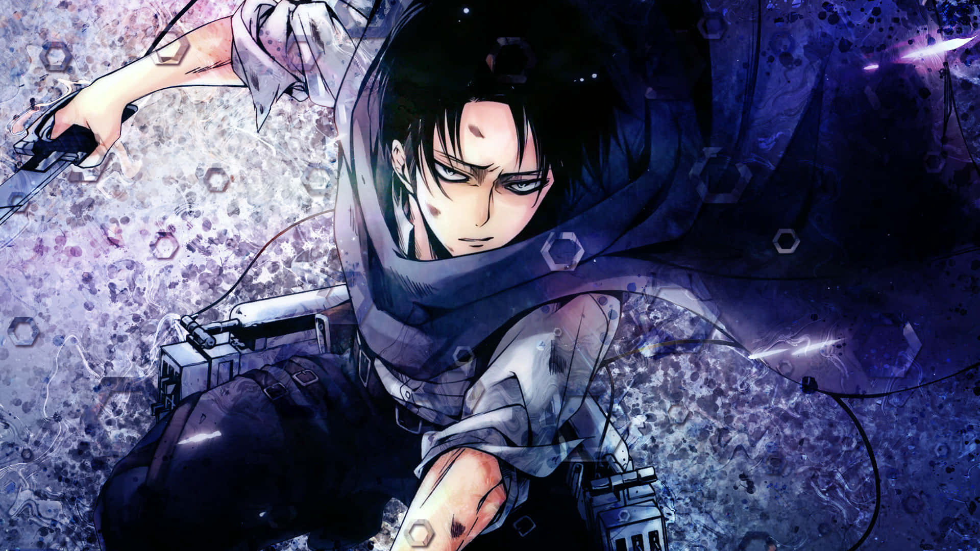 Levi Ackerman Desktop 桌布 壁紙 — 一位身穿黑色斗篷的動漫戰士，在破碎的紫色和白色背景中揮劍向前衝刺。